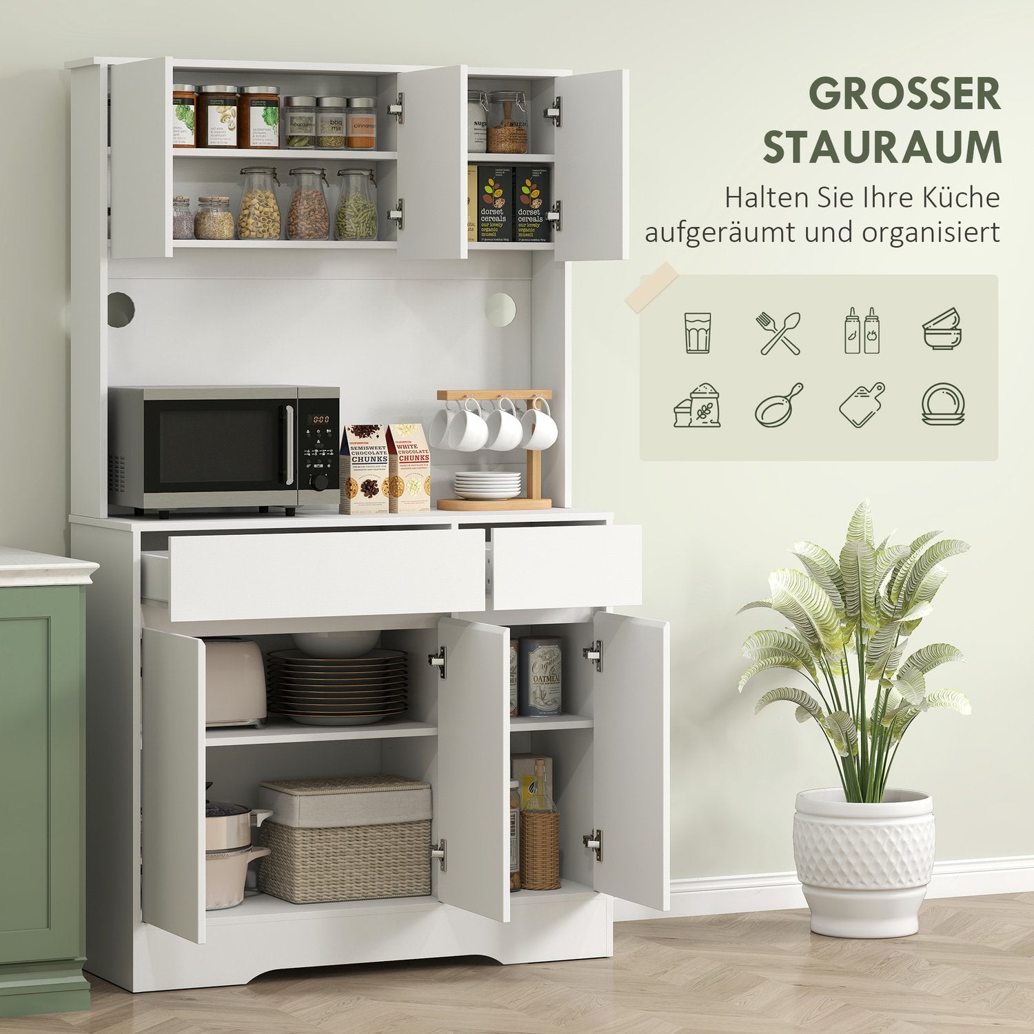 Keukenkast met open werkblad, 6 deuren, 2 laden, verstelbare planken, kabeldoorvoer, spaanplaat, wit