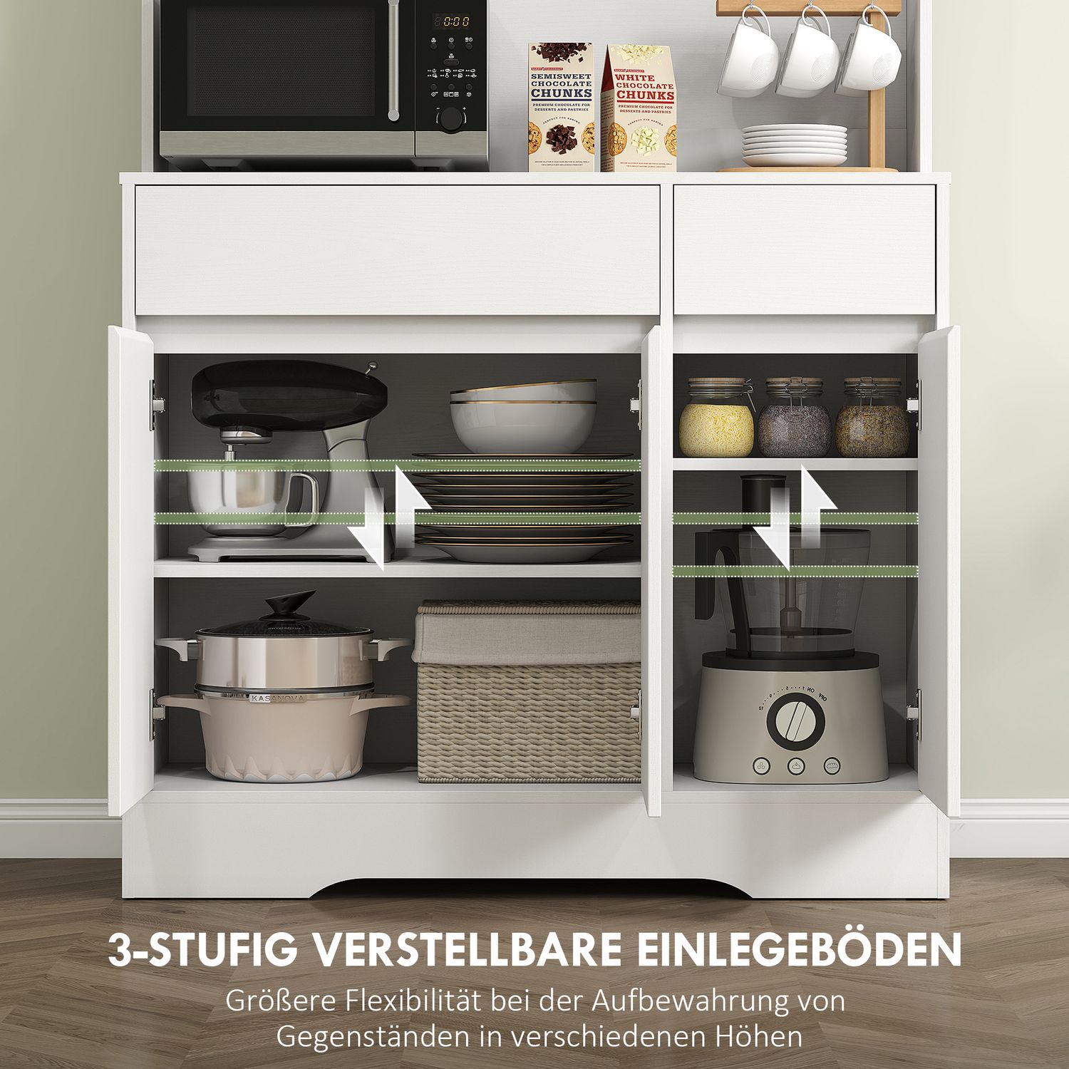 Keukenkast met open werkblad, 6 deuren, 2 laden, verstelbare planken, kabeldoorvoer, spaanplaat, wit