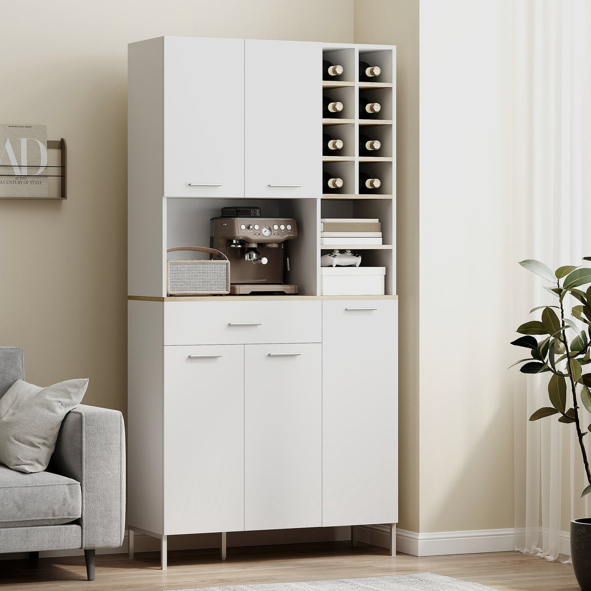 Keukenkast met open planken, wijnrek, wit MDF