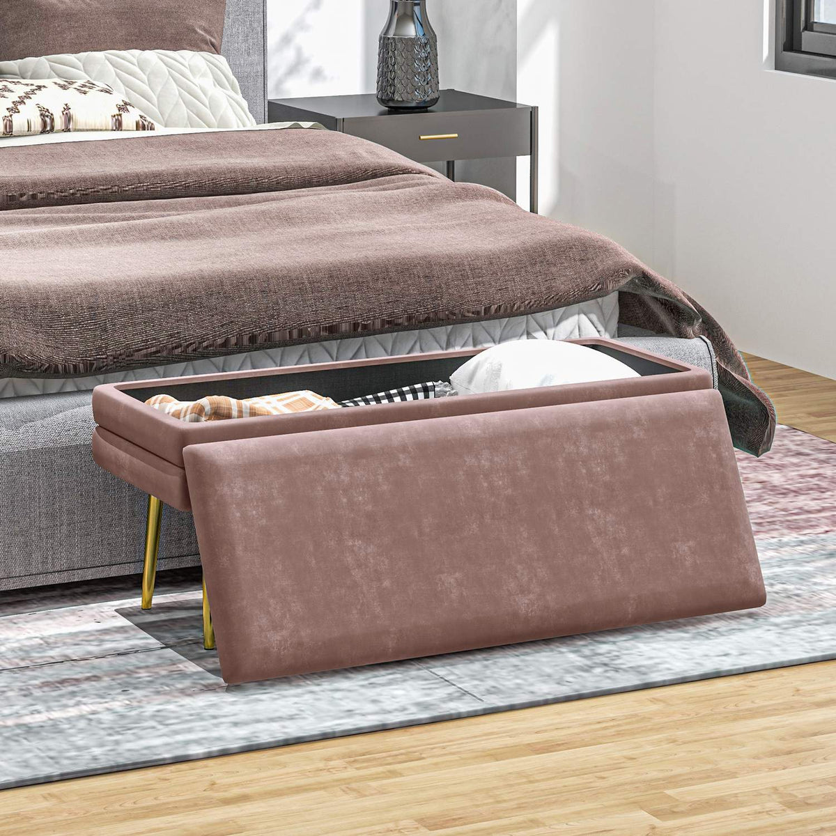 Gestoffeerde bank met opbergruimte, staal, 100 x 37,5 x 42 cm, roze