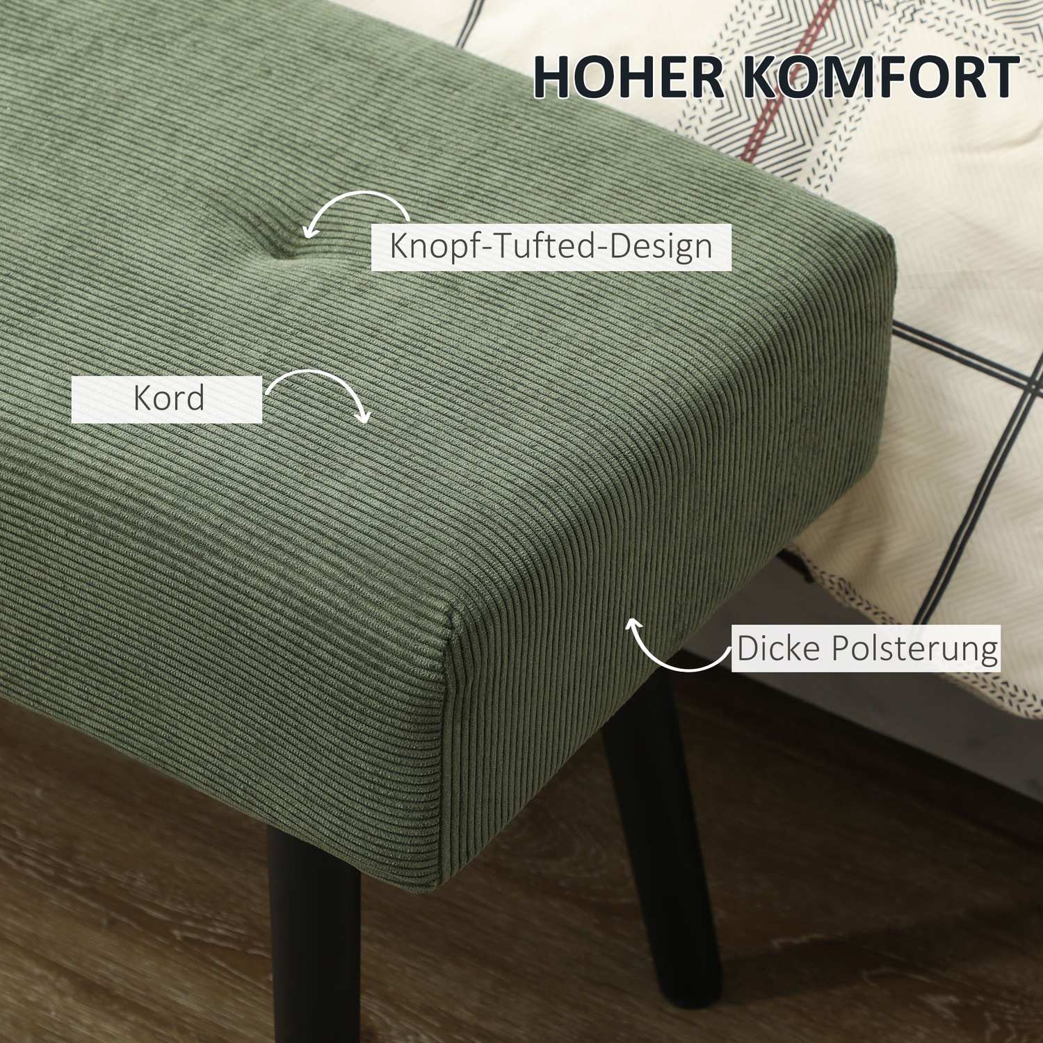 Beklede bank met corduroy bekleding, bedbank met metalen poten, schoenenbank 100 x 36 x 45 cm Groen