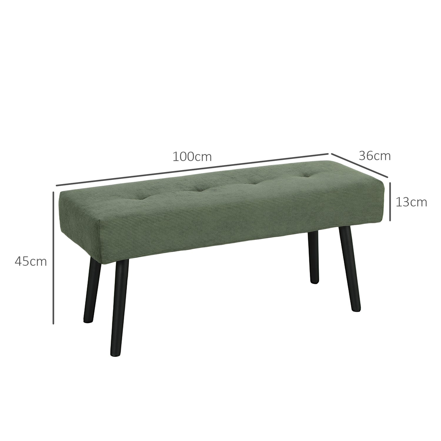Beklede bank met corduroy bekleding, bedbank met metalen poten, schoenenbank 100 x 36 x 45 cm Groen