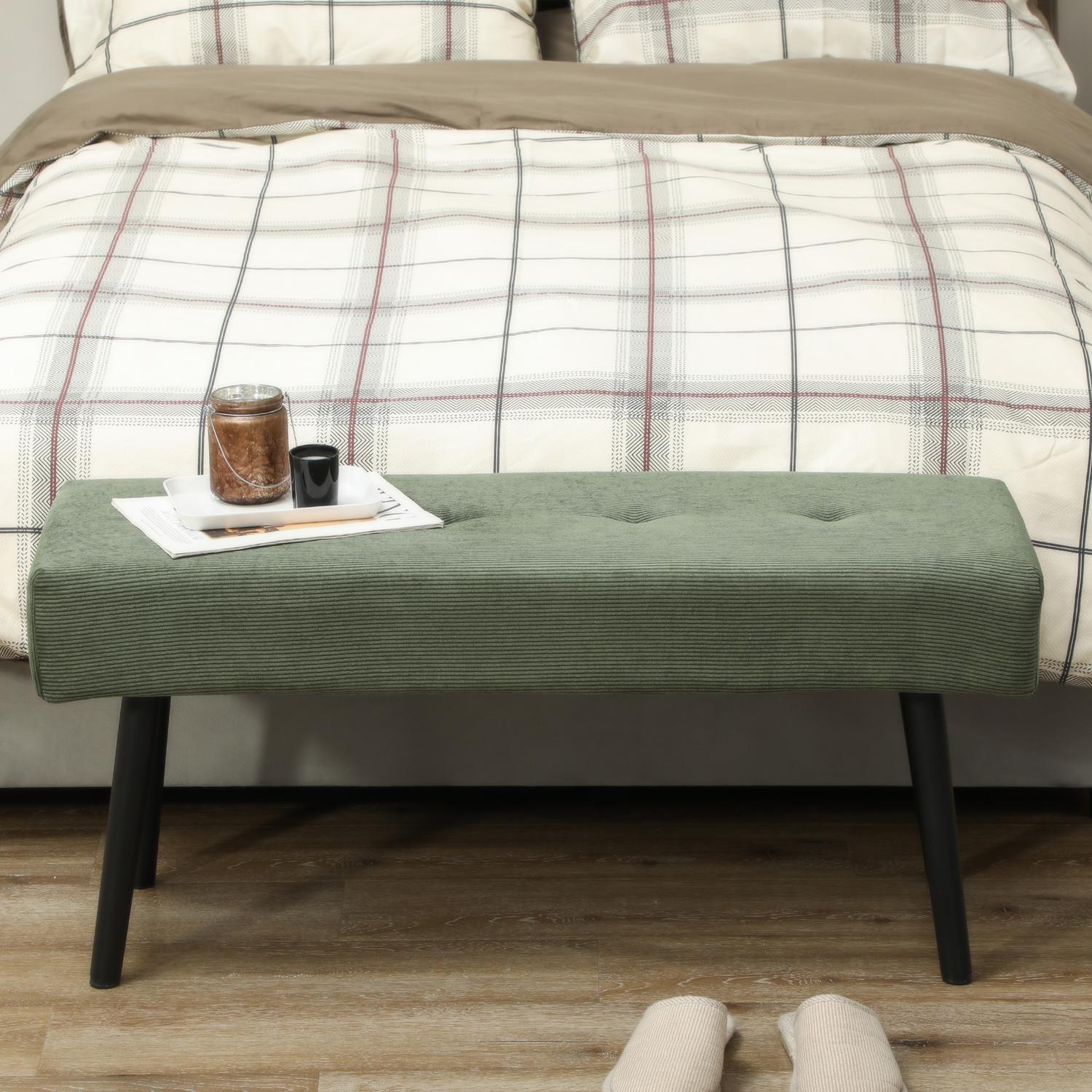 Beklede bank met corduroy bekleding, bedbank met metalen poten, schoenenbank 100 x 36 x 45 cm Groen
