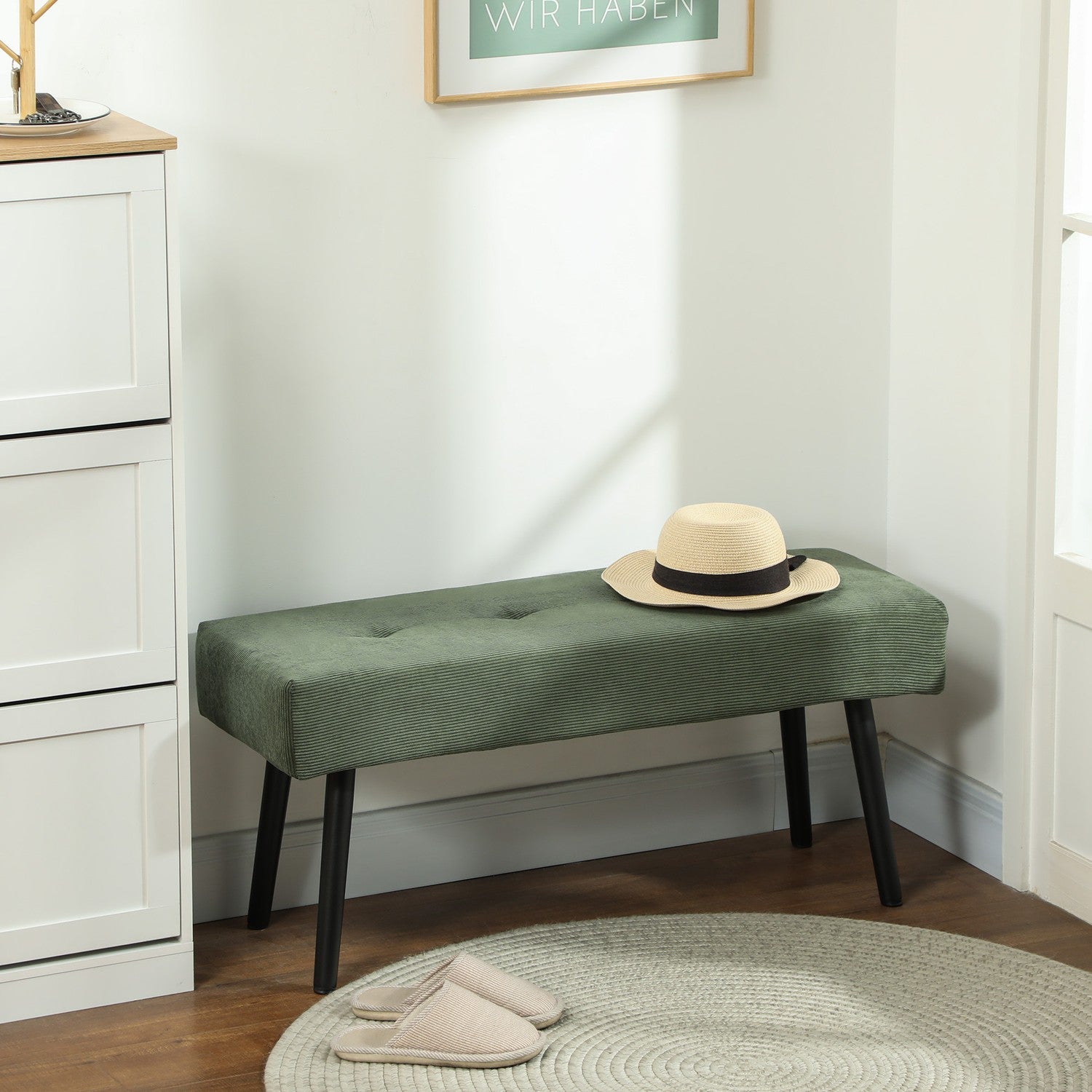 Beklede bank met corduroy bekleding, bedbank met metalen poten, schoenenbank 100 x 36 x 45 cm Groen
