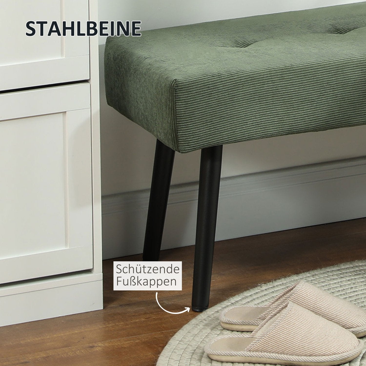 Beklede bank met corduroy bekleding, bedbank met metalen poten, schoenenbank 100 x 36 x 45 cm Groen