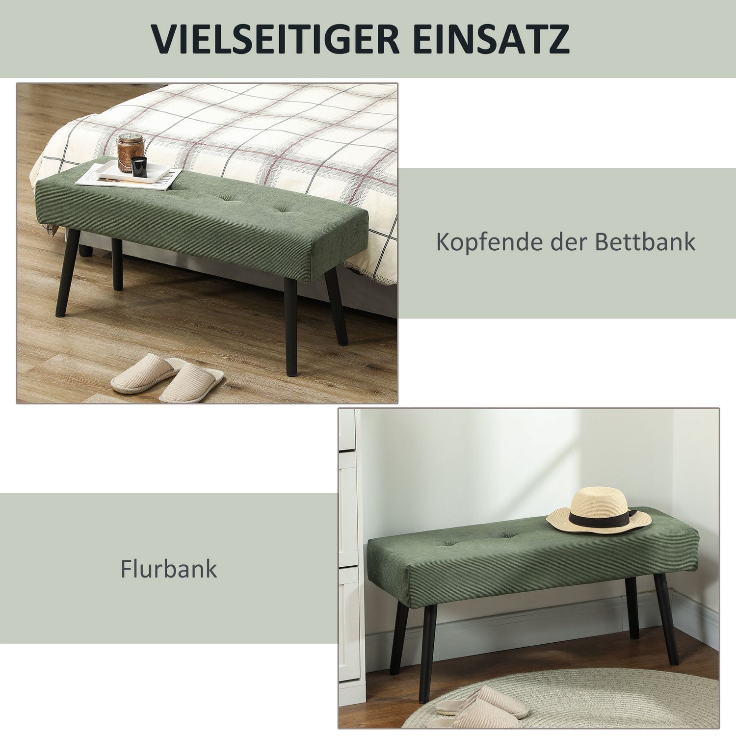 Beklede bank met corduroy bekleding, bedbank met metalen poten, schoenenbank 100 x 36 x 45 cm Groen