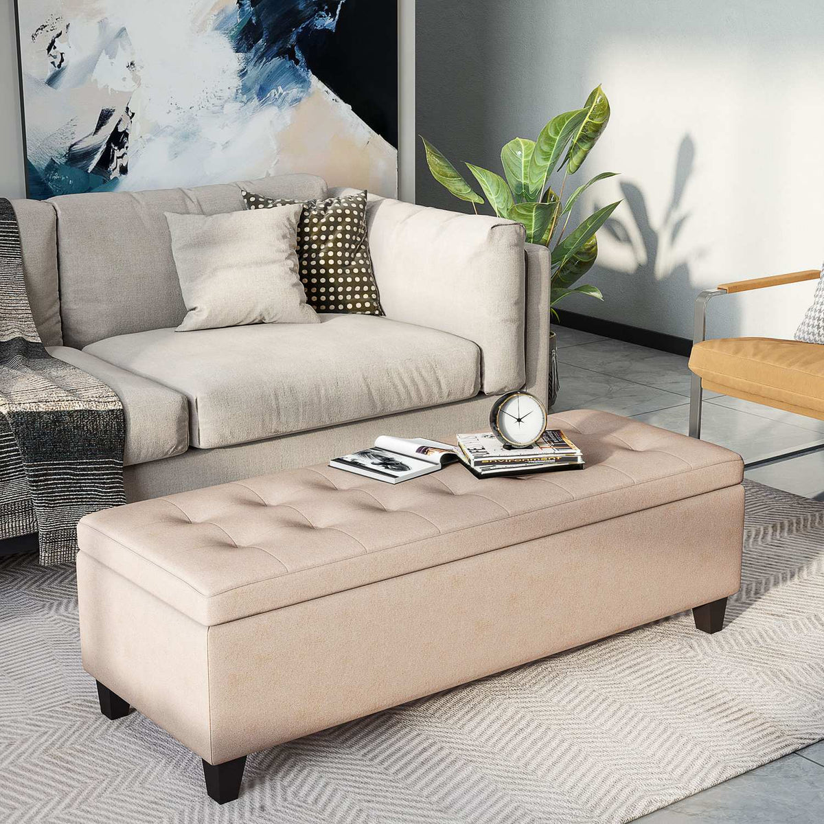 Gestoffeerde opbergbank – linnenlook, beige