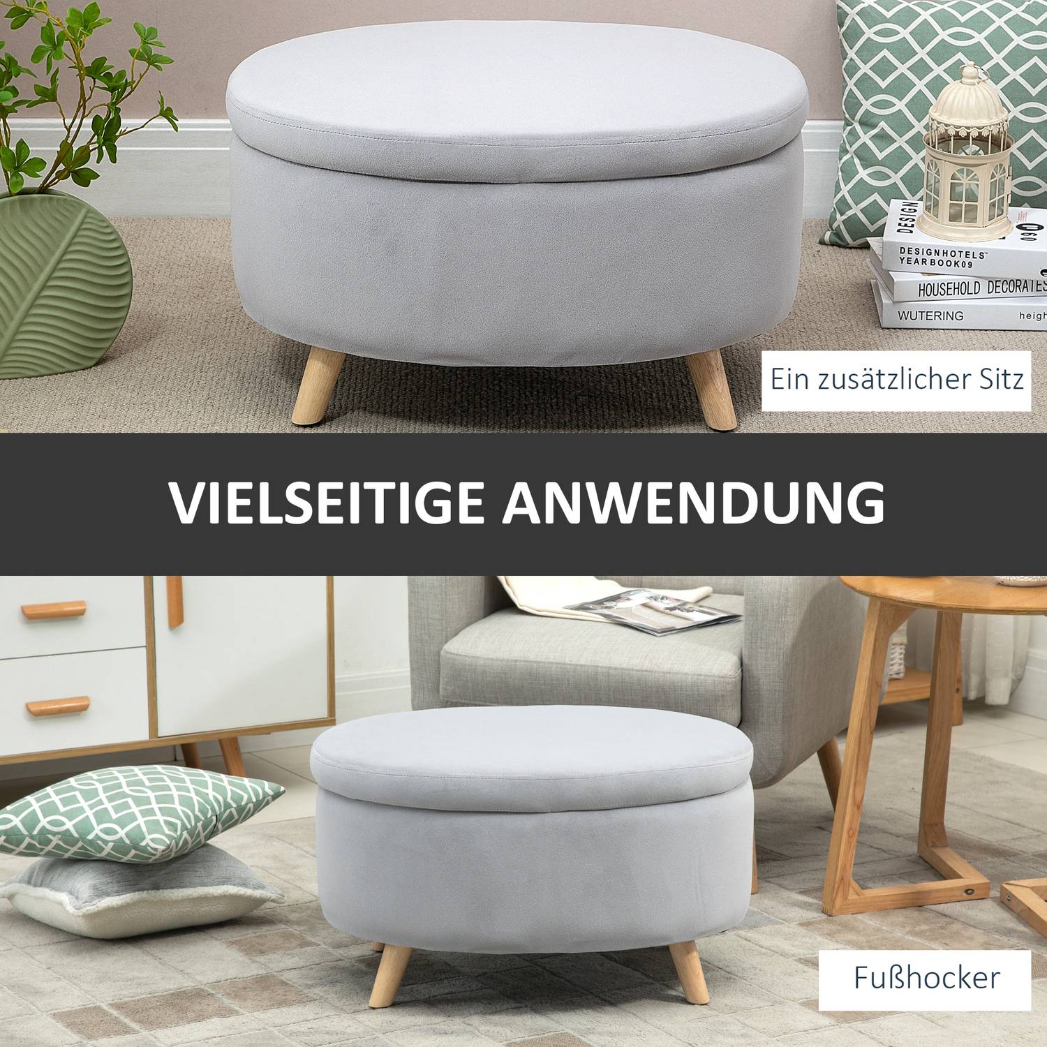 Gestoffeerde opbergbank, ovale vorm, lichtgrijs