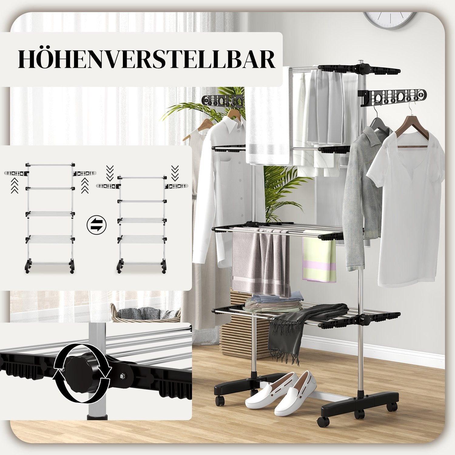 Wäscheständer mit Rädern, klappbaren Flügeln – Stahl, 142 x 55 x 172 cm