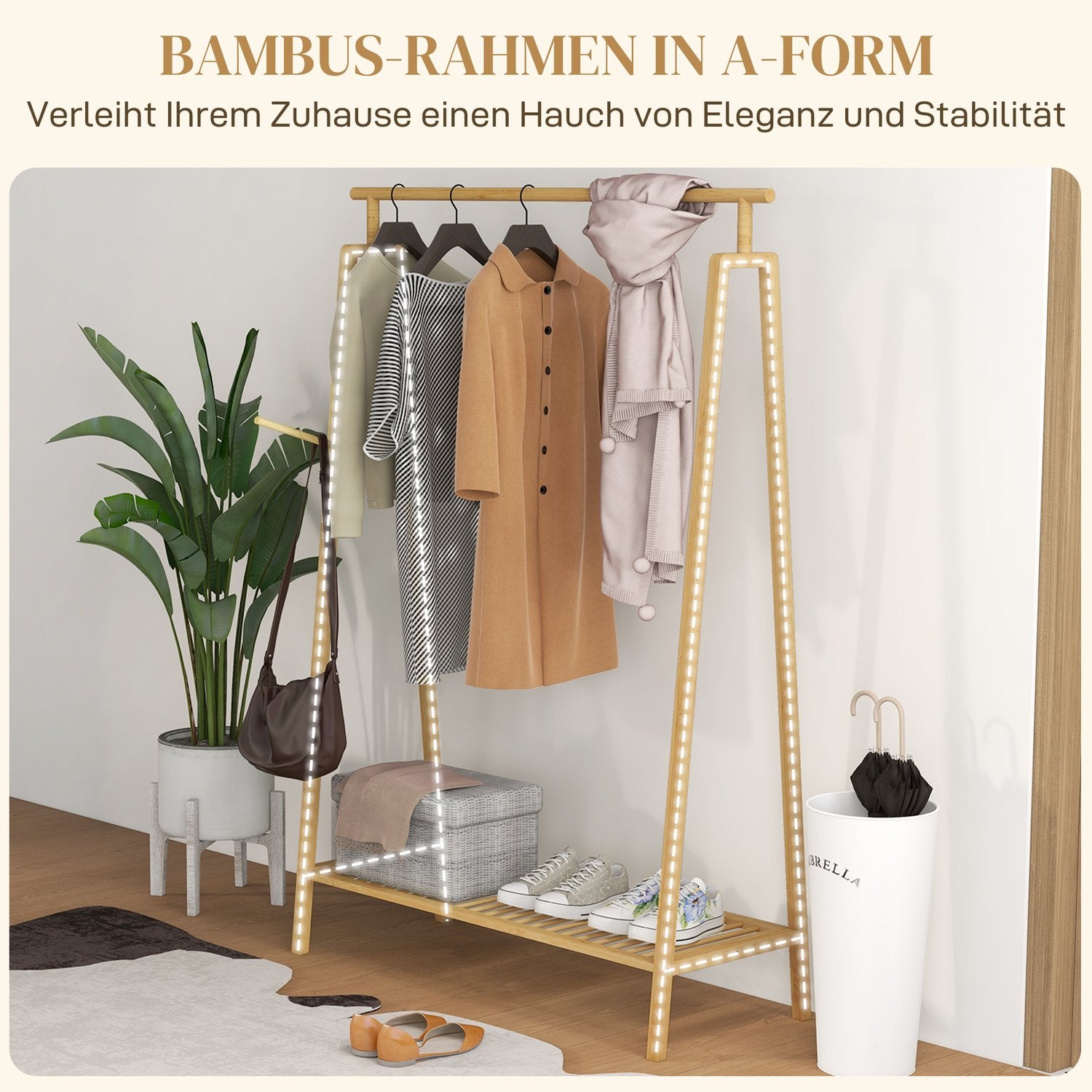 Kledingrek van bamboe met haken en schoenenrek, natuurlijke afwerking