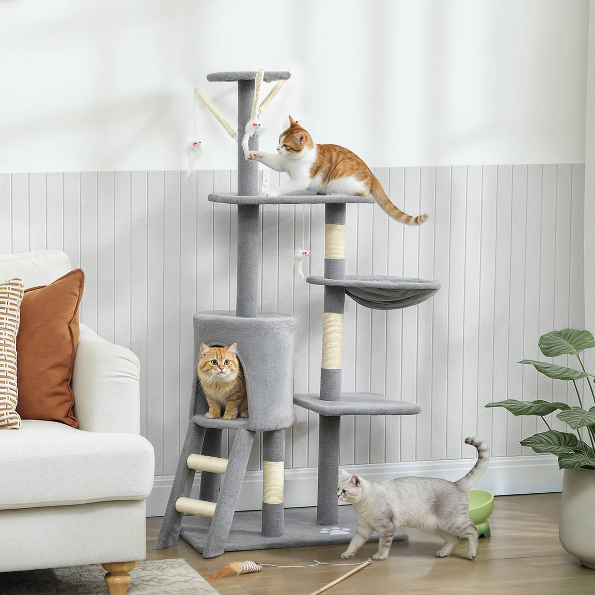 Kattenboom met grot, sisalstokken en speelgoed, voor katten <5 kg, grijs