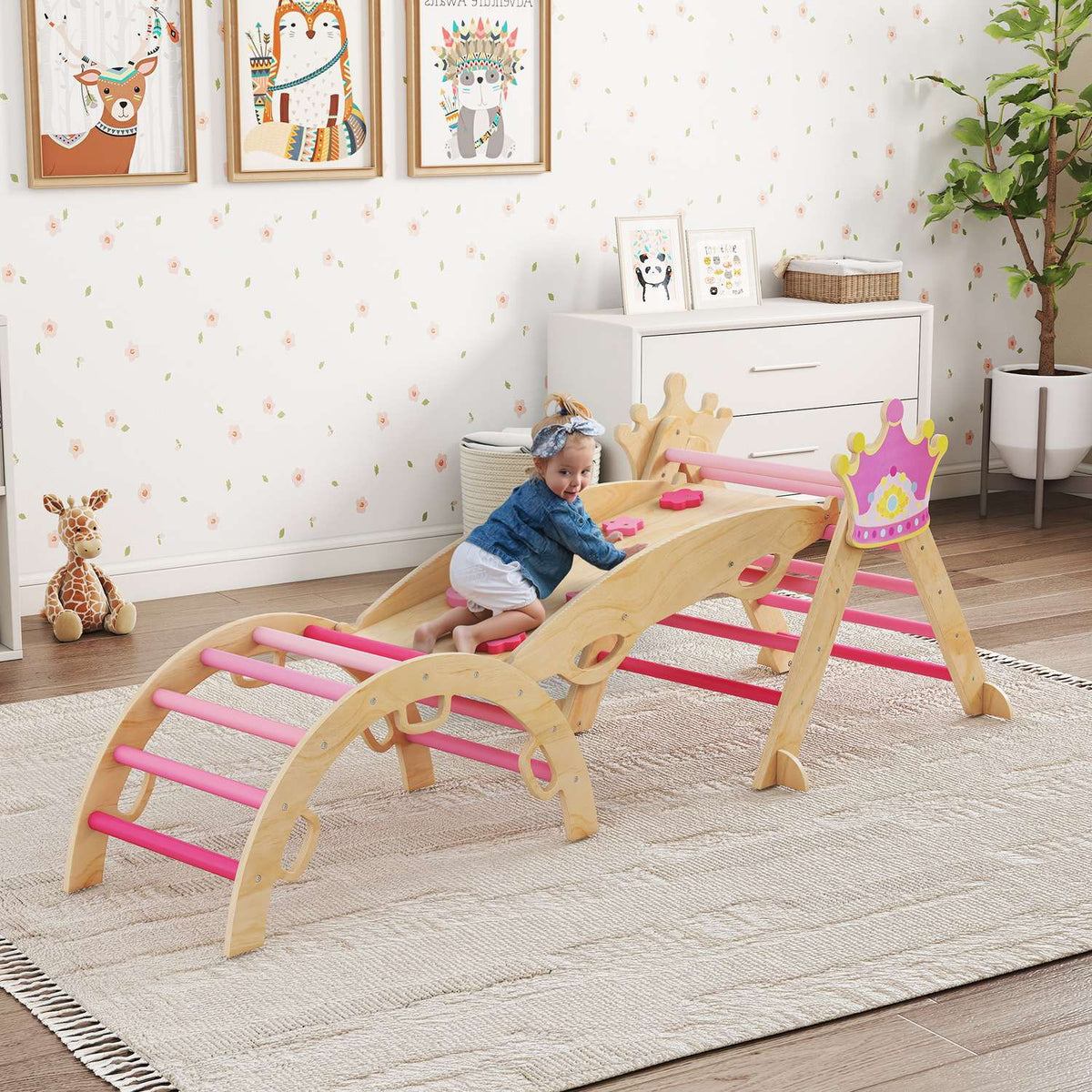 Indoor-klimgym voor kinderen – 8-in-1, prinsessenontwerp, hout