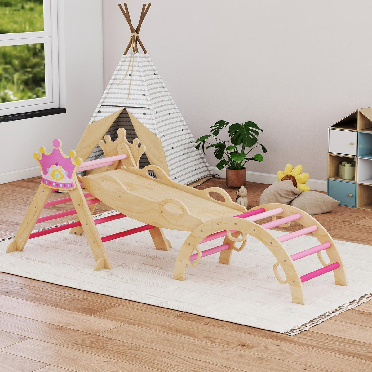 Indoor-klimgym voor kinderen – 8-in-1, prinsessenontwerp, hout