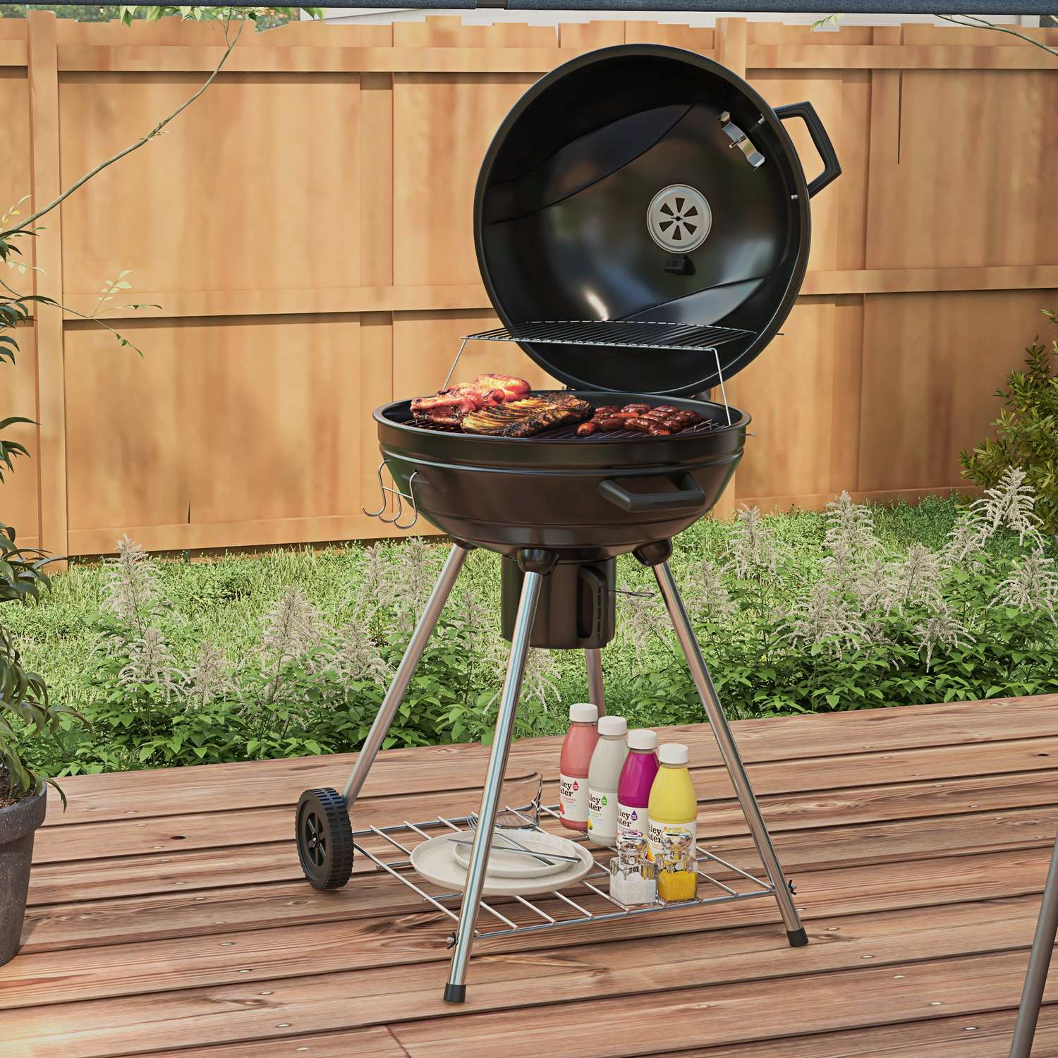 Houtskoolbarbecue met wielen, plank en thermometer