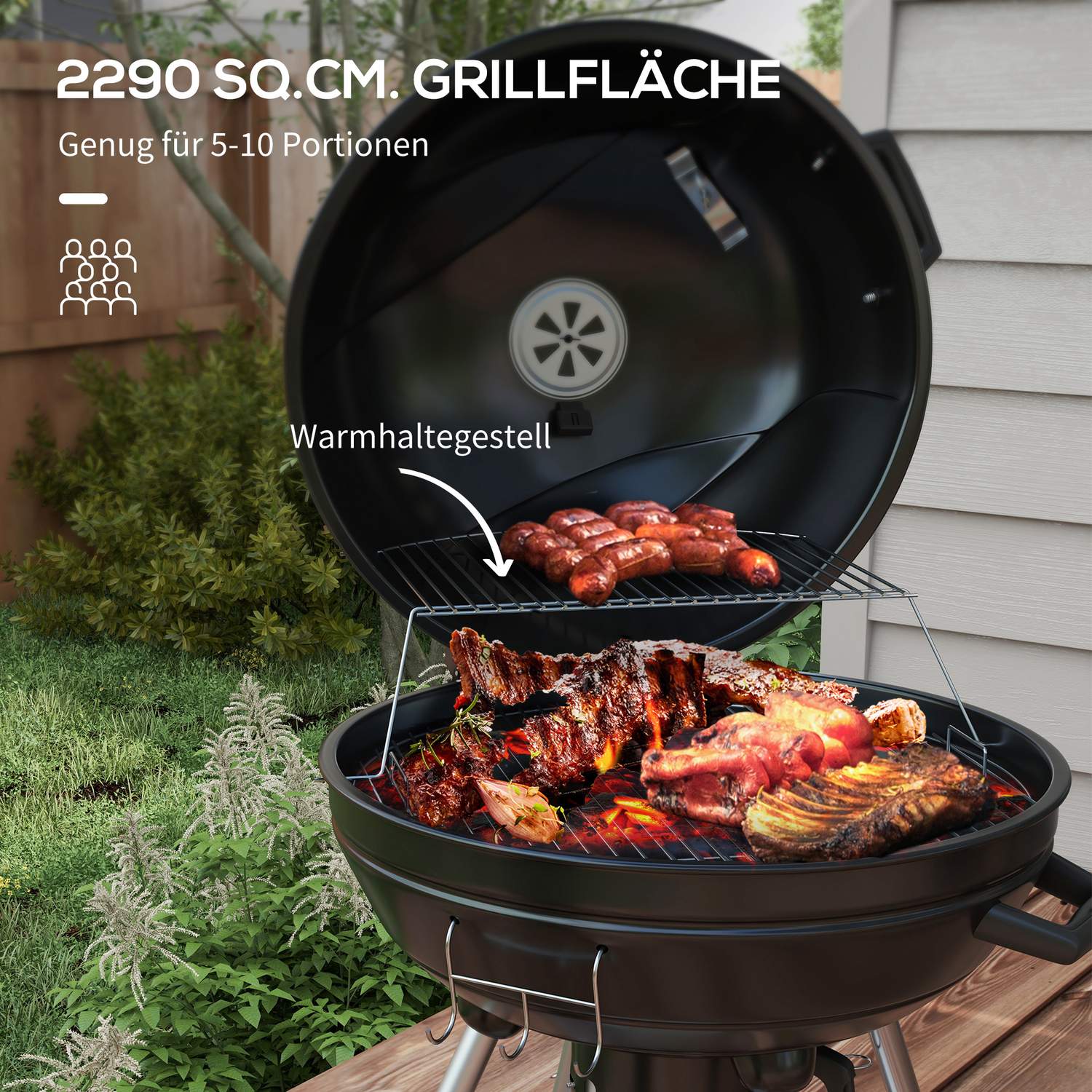Houtskoolbarbecue met wielen, plank en thermometer