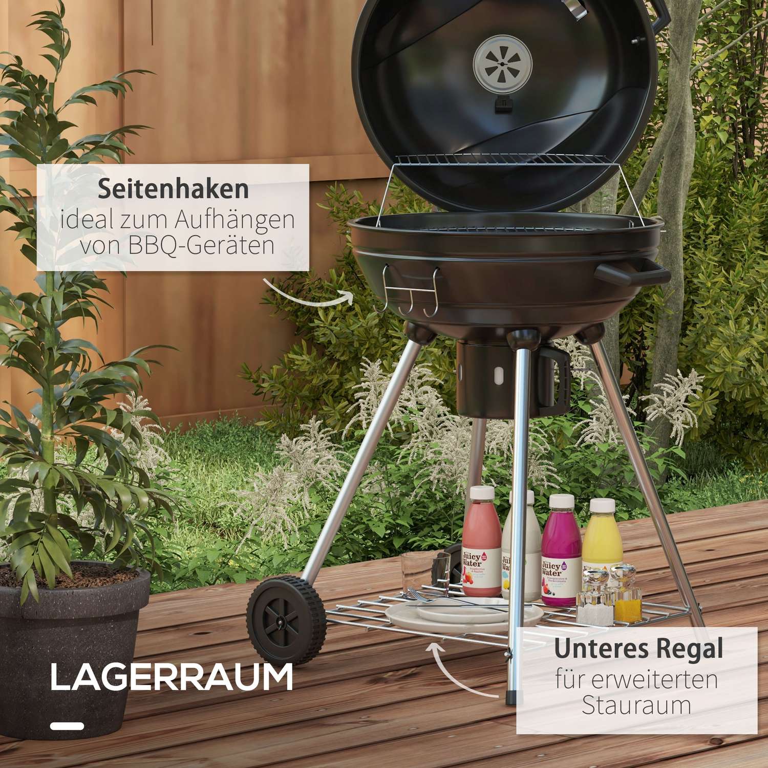 Houtskoolbarbecue met wielen, plank en thermometer