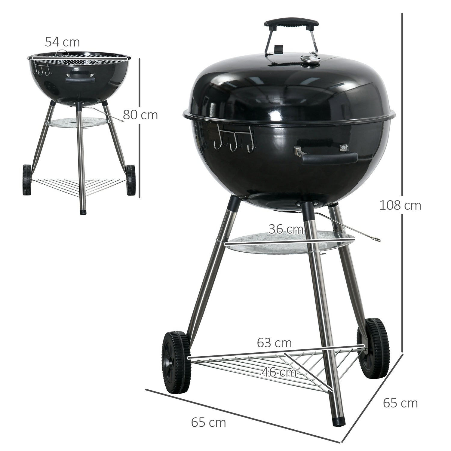Houtskoolbarbecue met deksel, thermometer & rek - 65x65x108cm