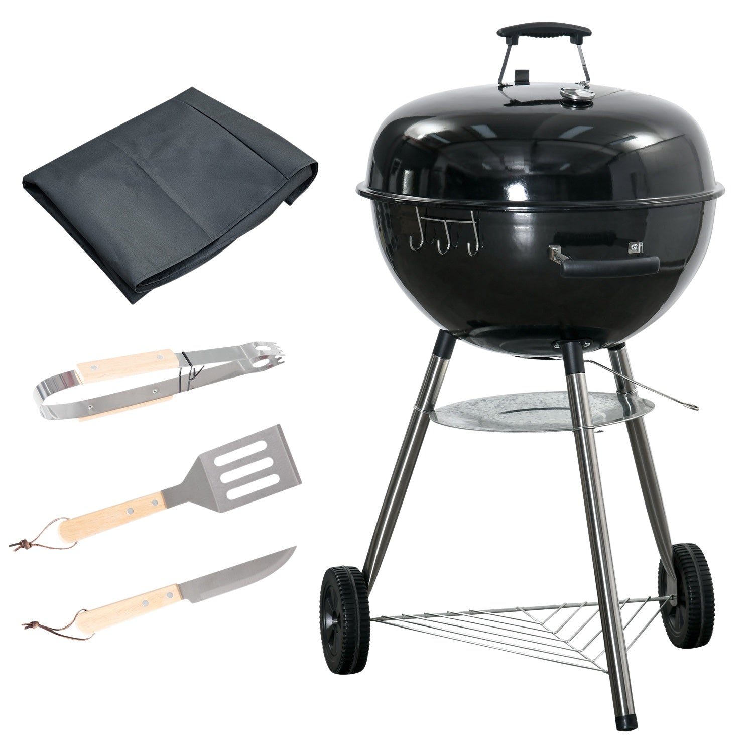 Houtskoolbarbecue met deksel, thermometer & rek - 65x65x108cm