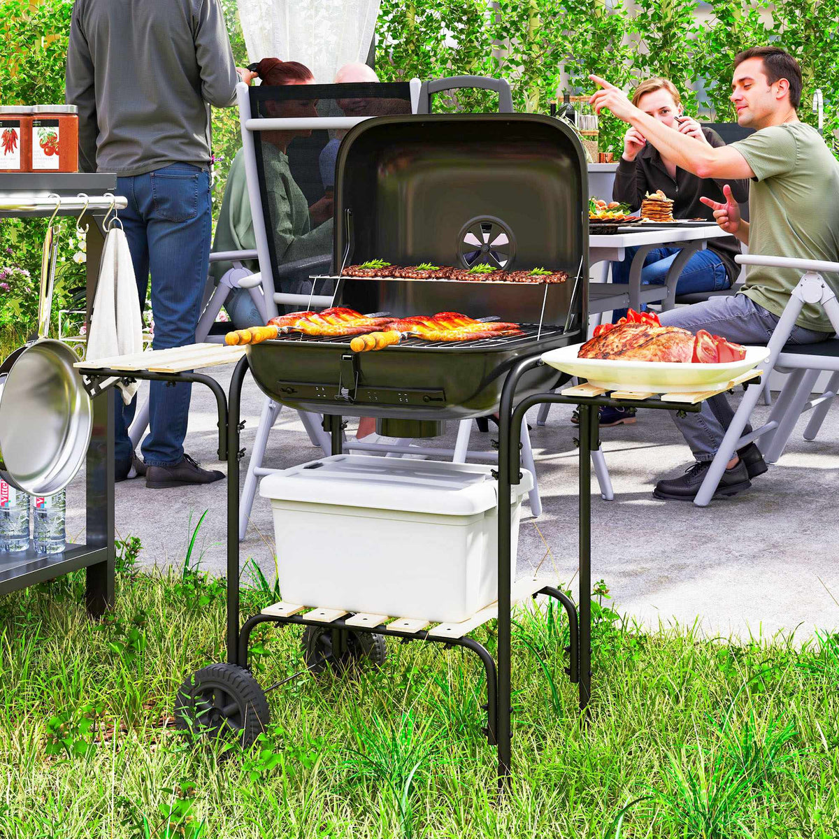Houtskoolbarbecue met vergrendelbaar deksel, stalen frame, kookoppervlak van 1840 cm²