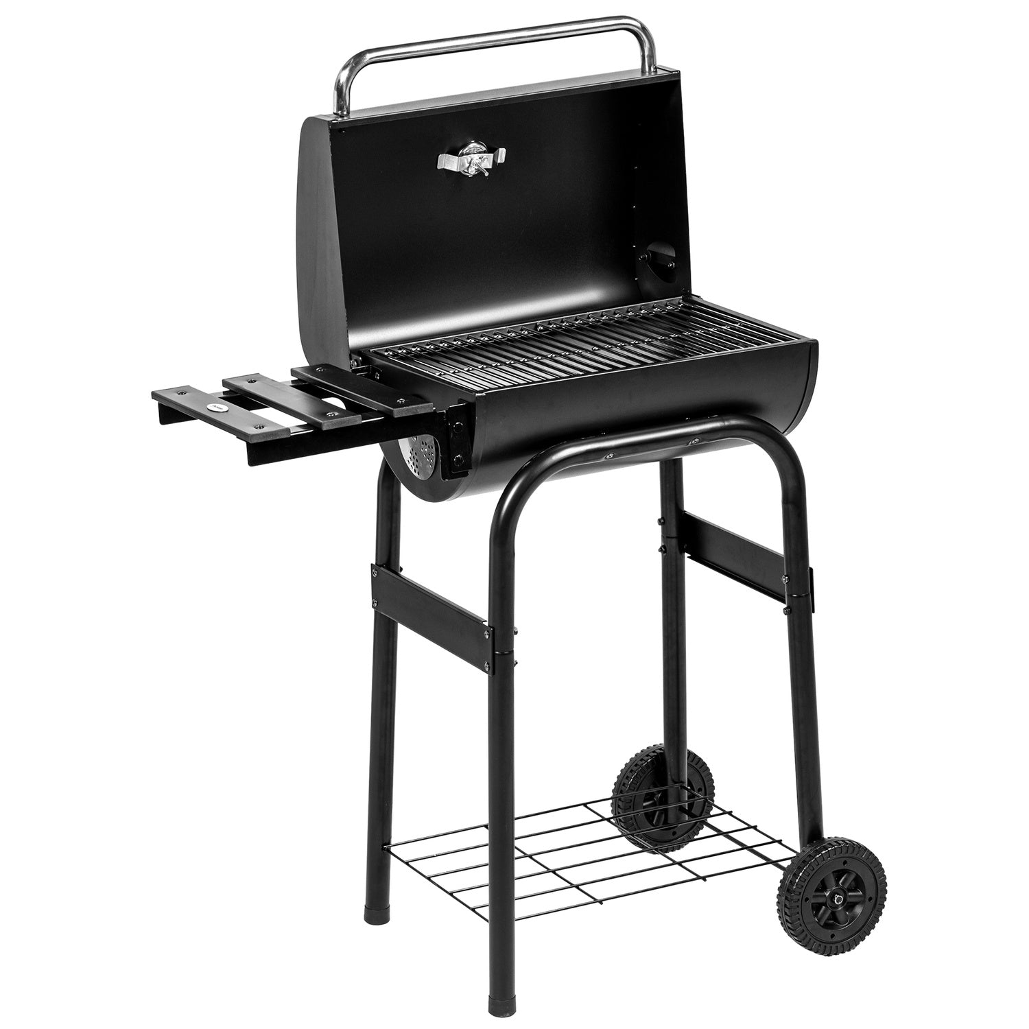 Houtskoolbarbecuekar, roestvrij staal, deksel en wielen