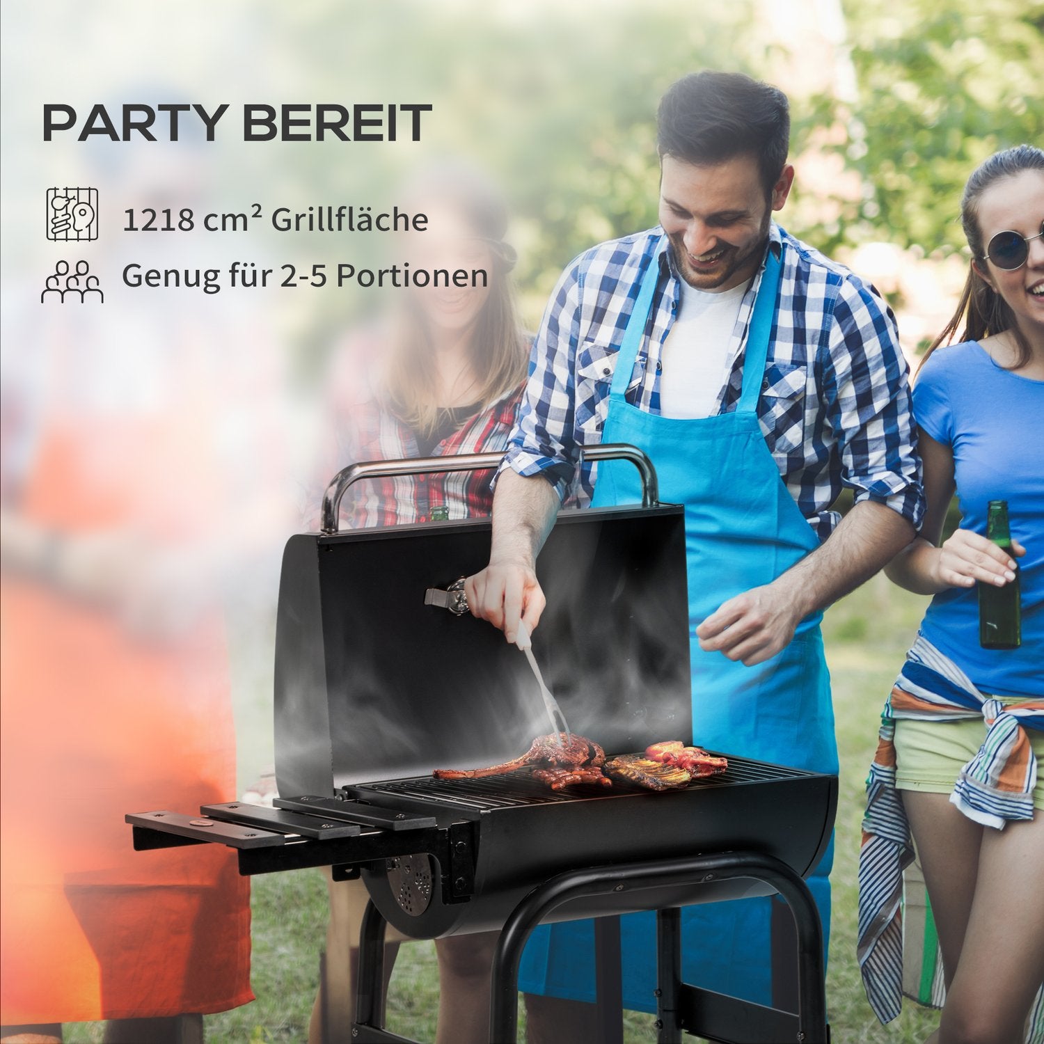 Houtskoolbarbecuekar, roestvrij staal, deksel en wielen