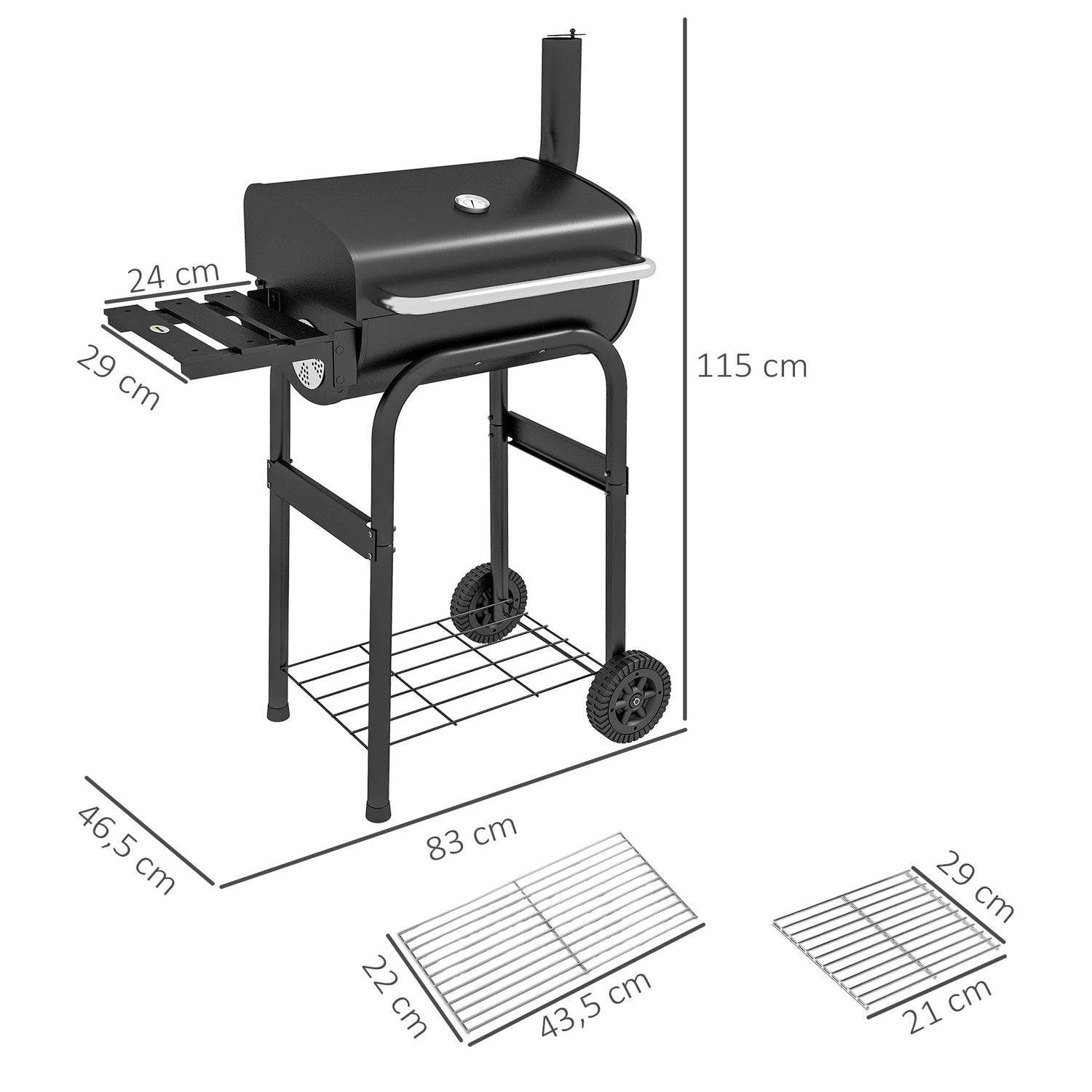 Houtskoolbarbecuekar, roestvrij staal, deksel en wielen