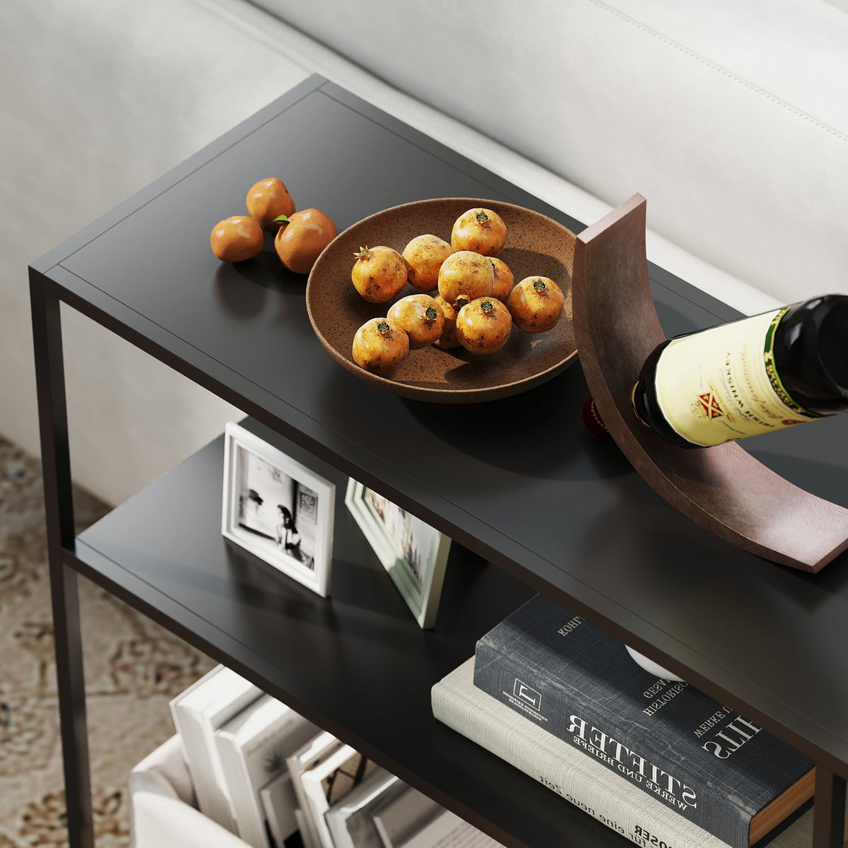 Sidetable, 4 planken, stalen frame, voor hal, woonkamer, zwart