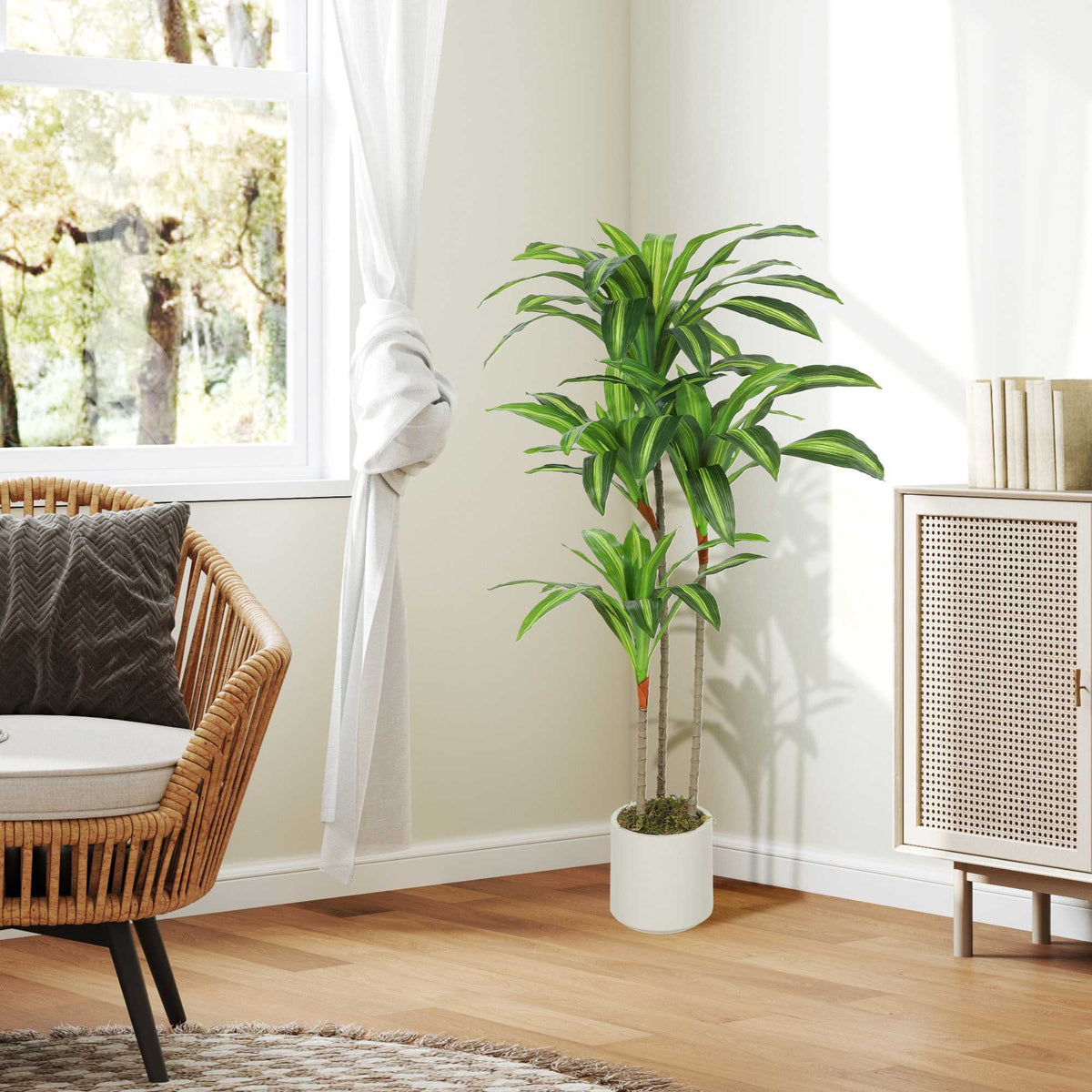 Kunstmatige dracaena van 120 cm, flexibele stammen, witte pot