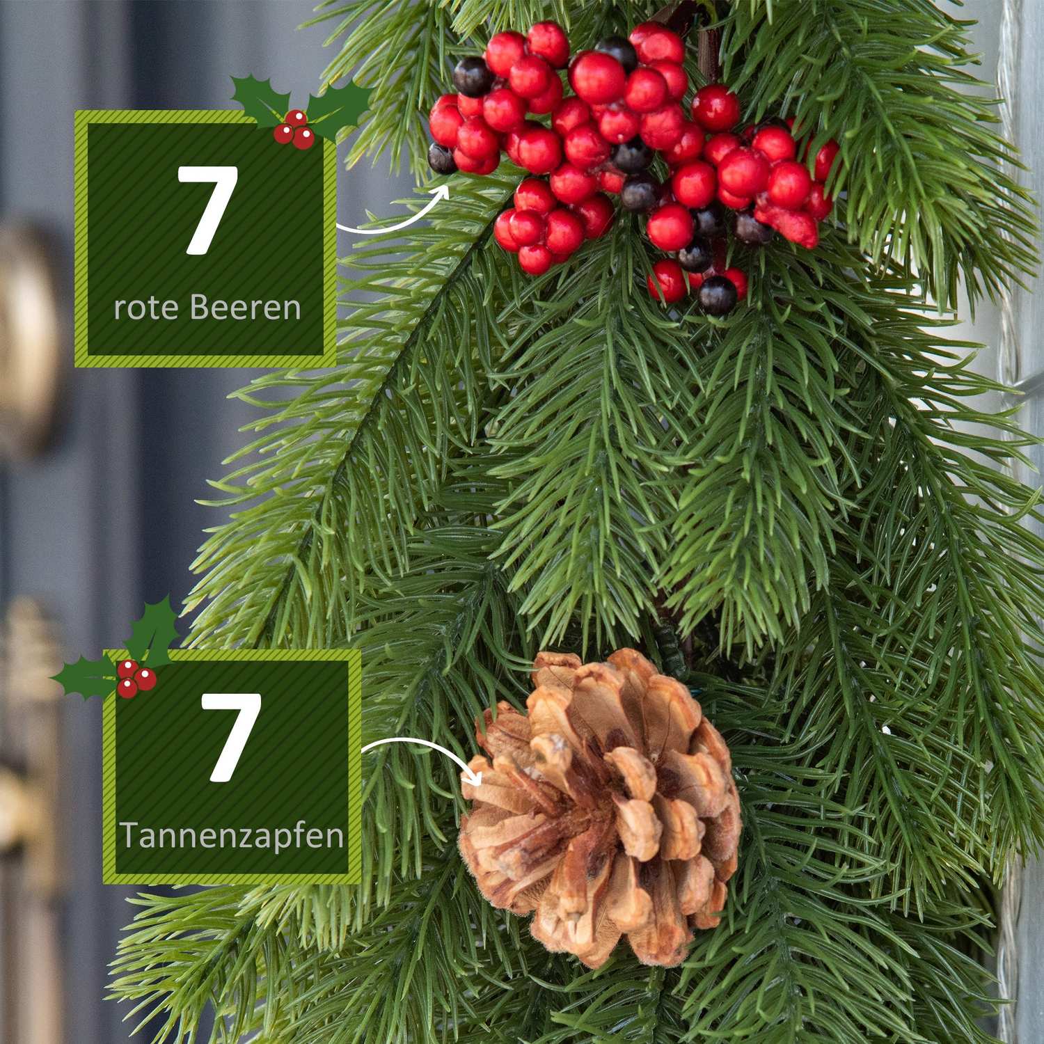 Kunstmatige kerstslinger met dennenappels en bessen, 1,9M