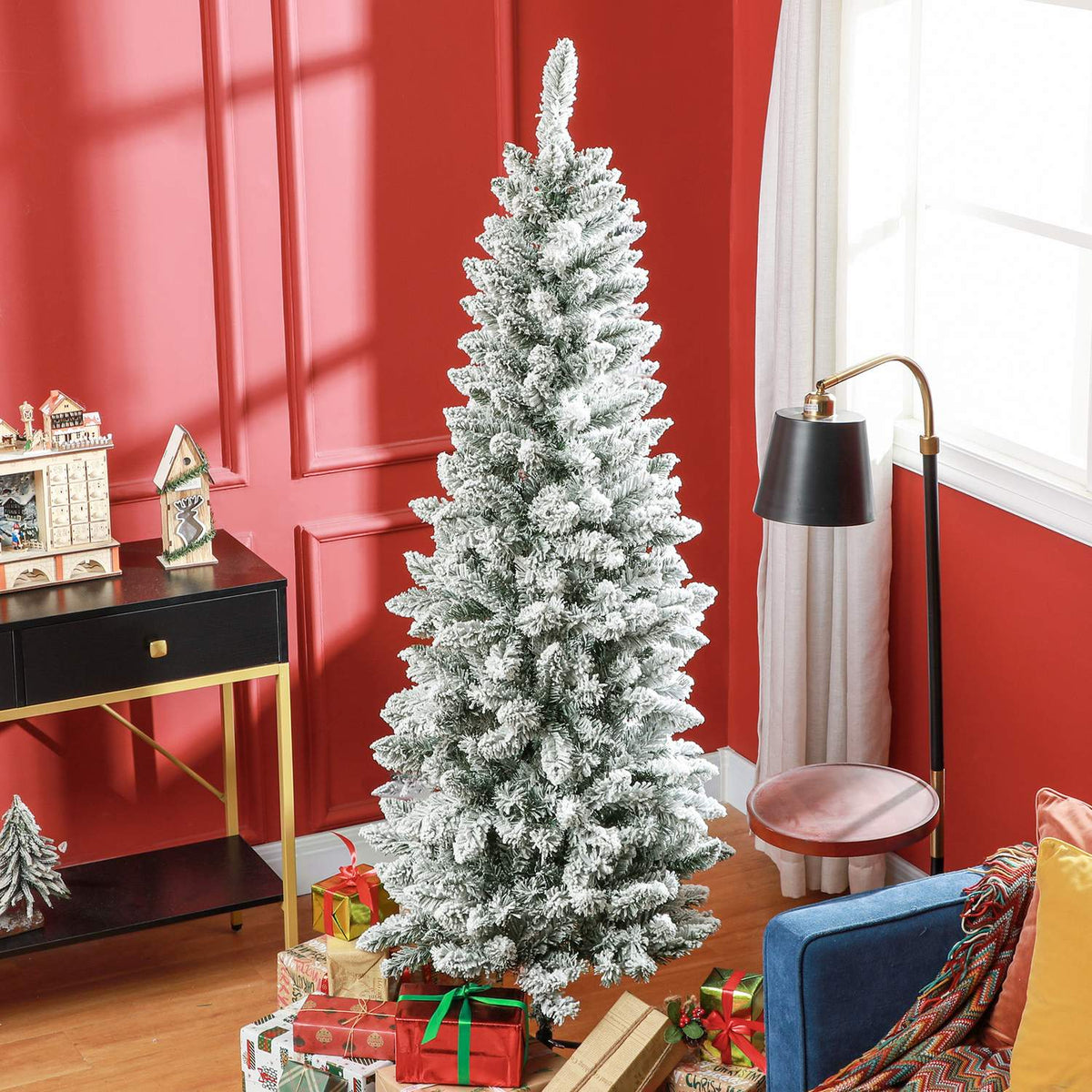 Kunstkerstboom, 183 cm, smal met sneeuweffect