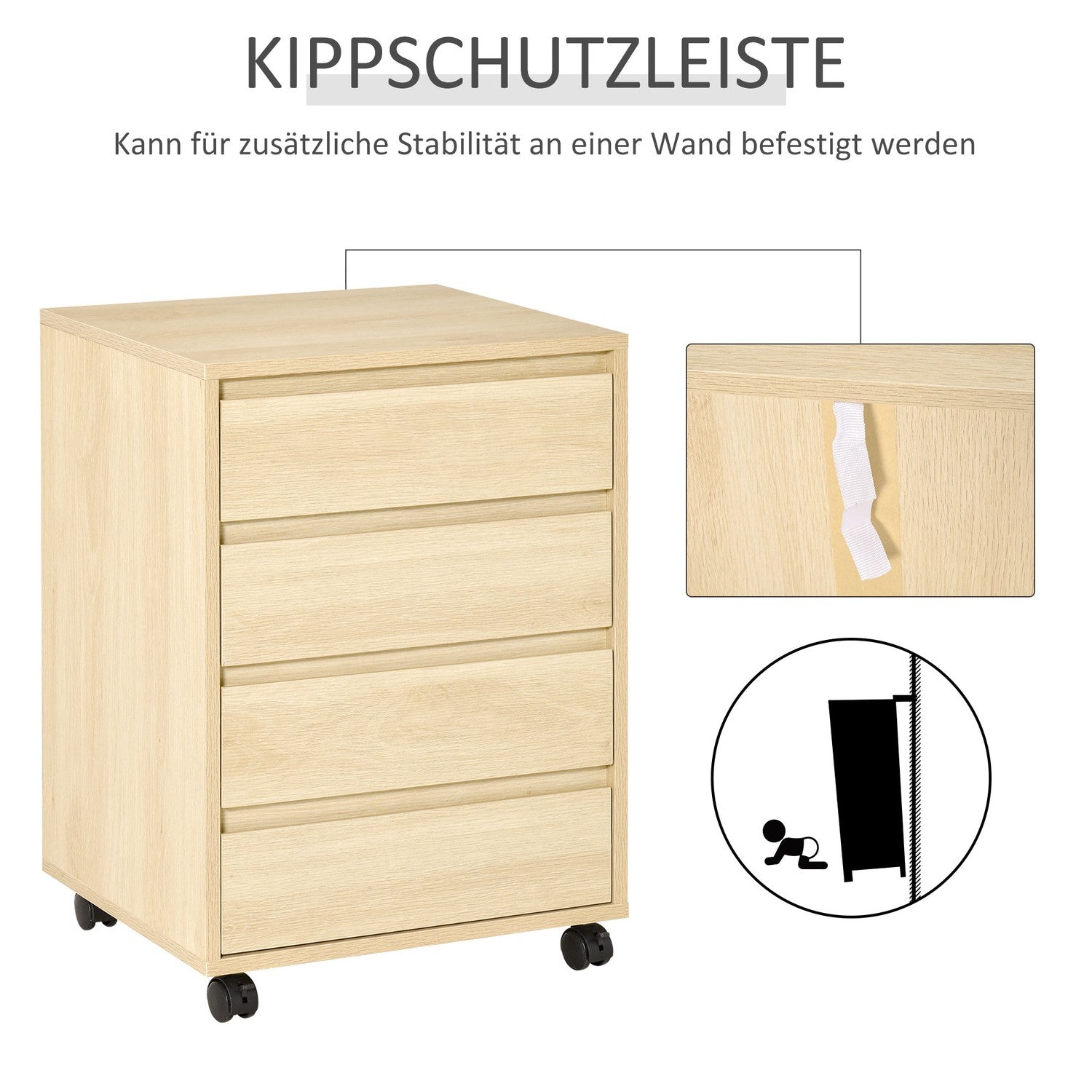 Verrijdbaar archiefkastje, 4 laden, natuurlijke afwerking