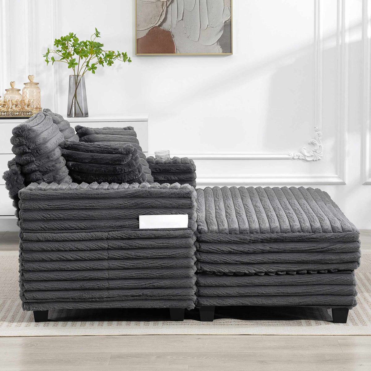 Converteerbare corduroy-slaapbank met bekerhouders, grijs