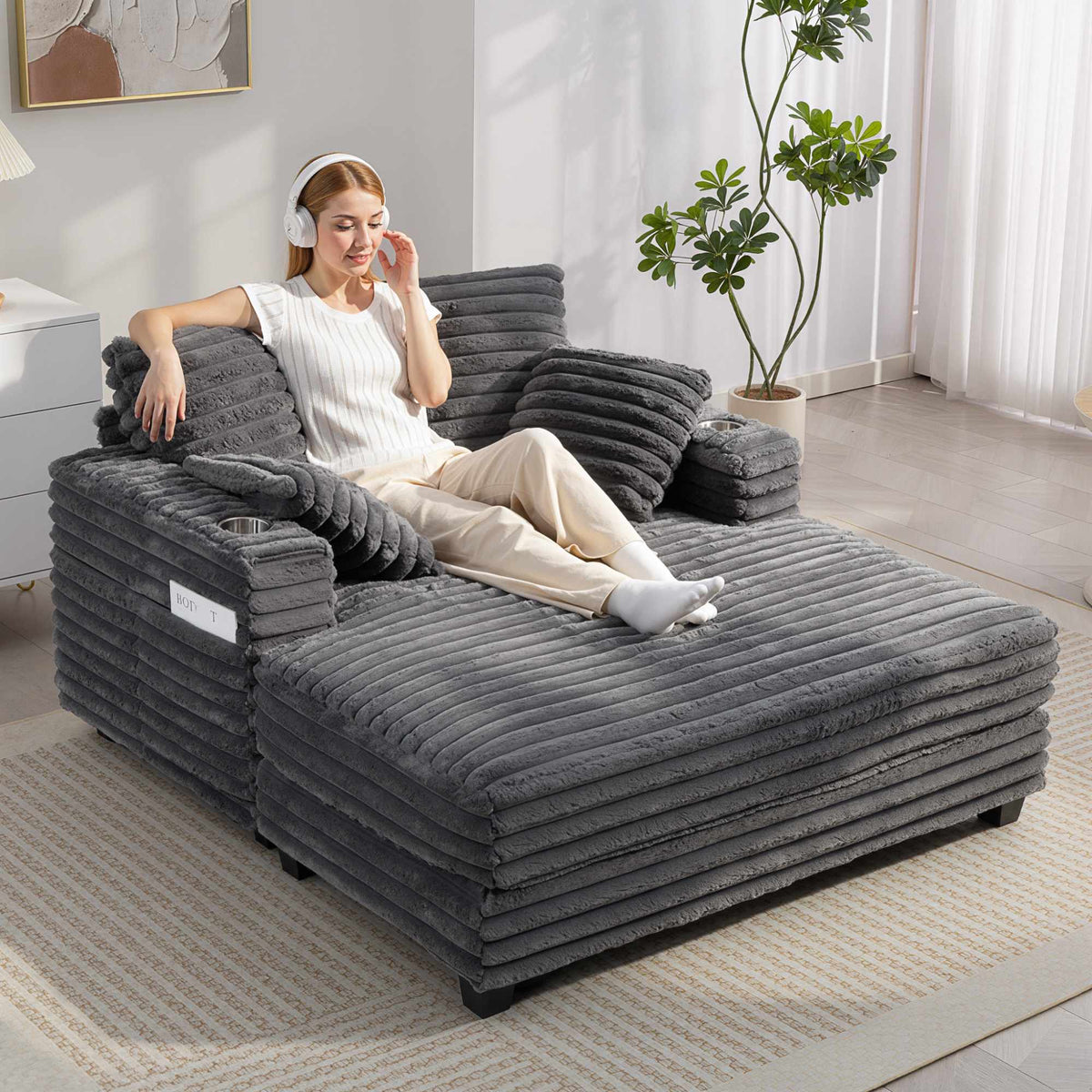 Converteerbare corduroy-slaapbank met bekerhouders, grijs