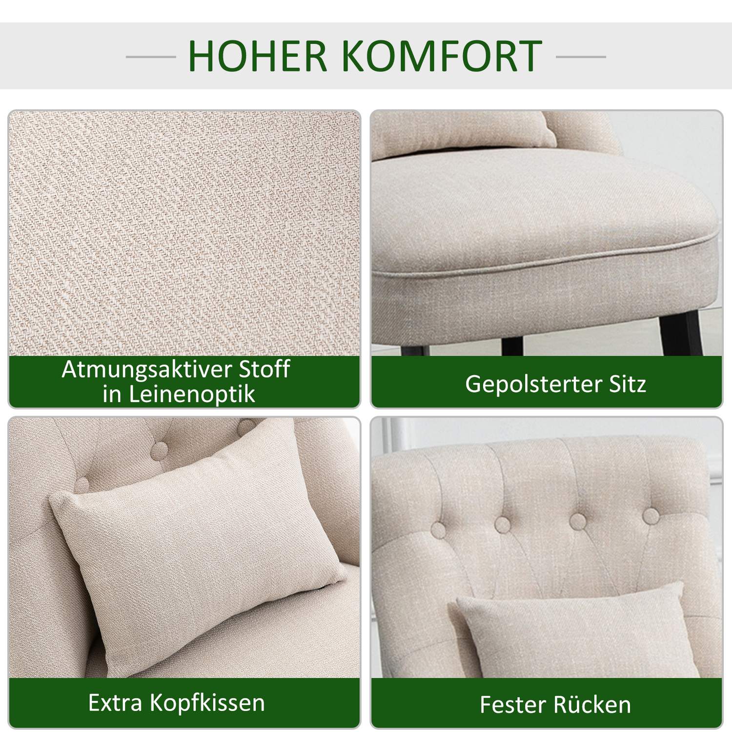 Poltrona lounge bianco crema effetto lino, gambe in legno