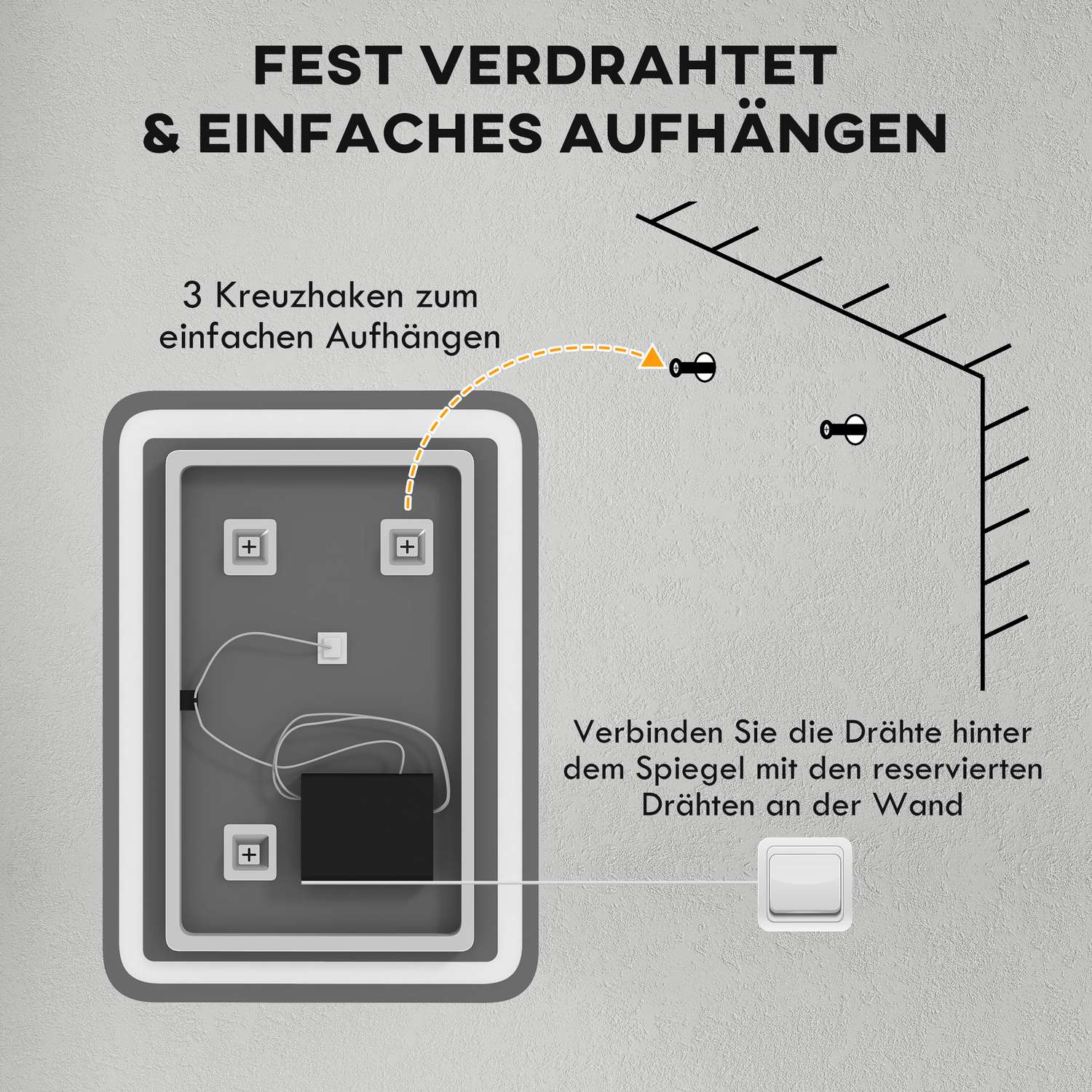 LED Badrumsspegel, 50x70cm, Anti-Imma, Touch Switch