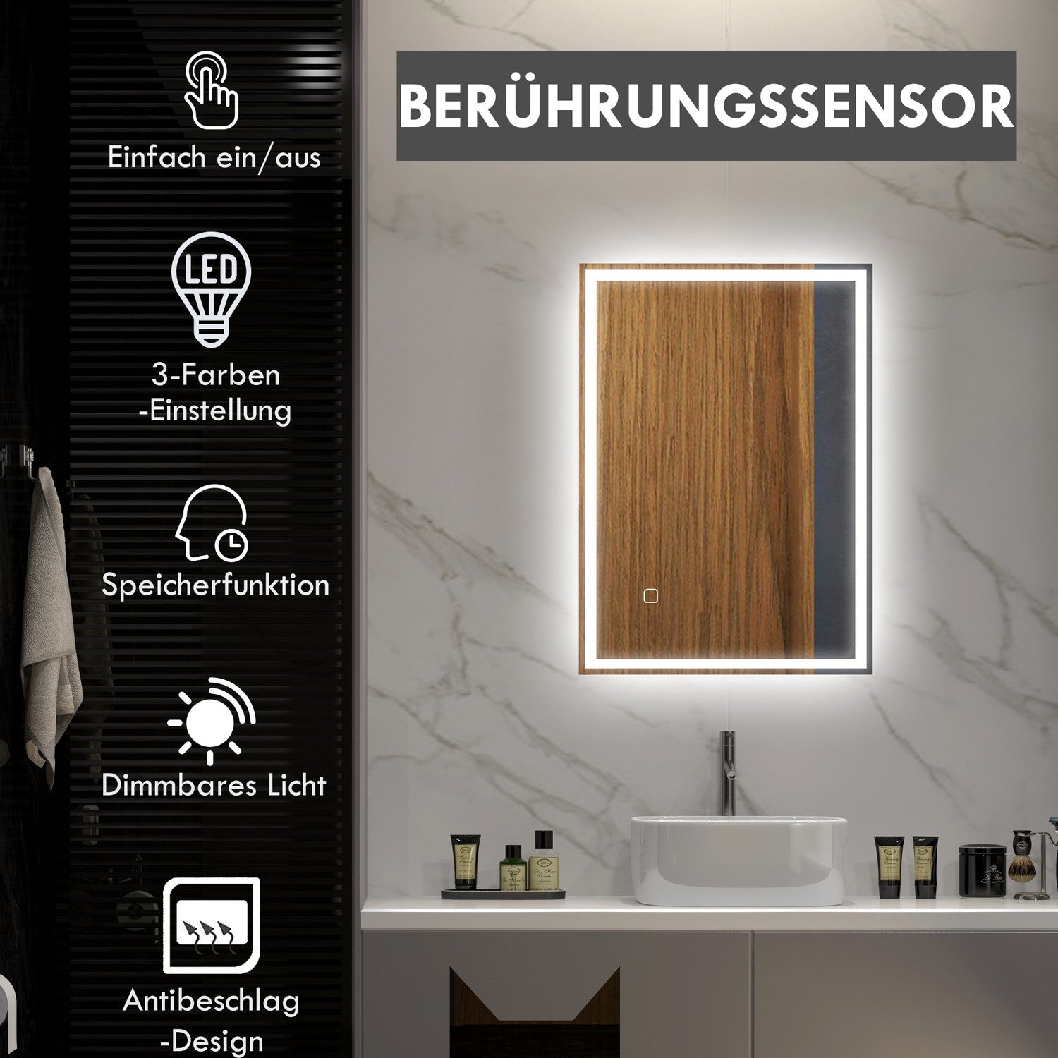 LED Badrumsspegel, 80x60cm, immafri, Touch Switch