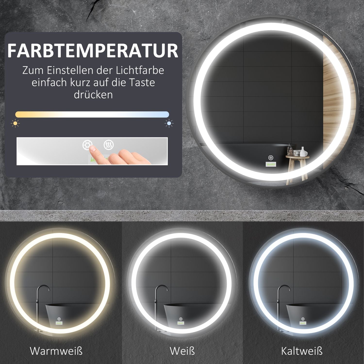 LED badkamerspiegel – 60 cm, Touch & Memory, Zwart, IP44-classificatie