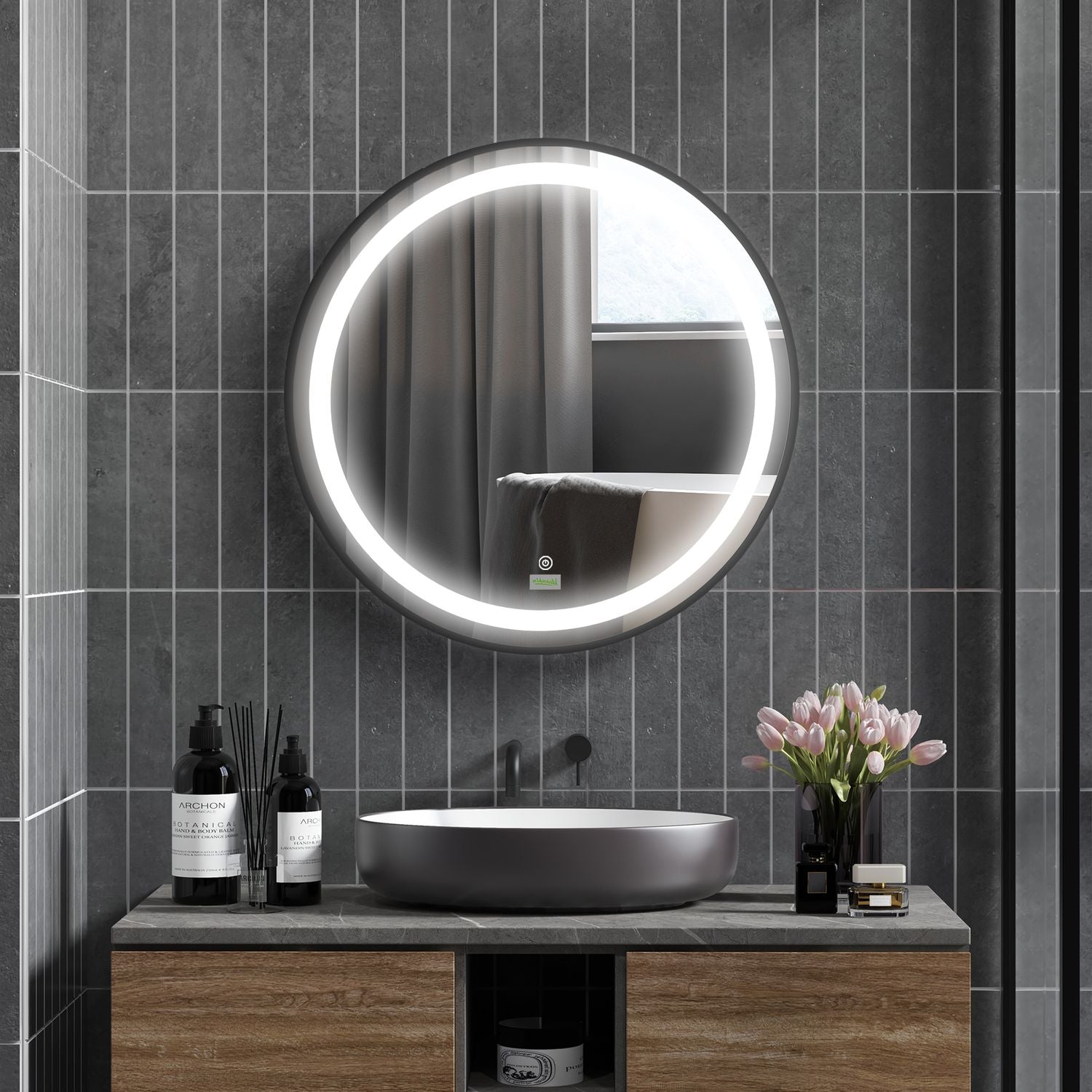 LED badkamerspiegel – 60 cm, Touch & Memory, Zwart, IP44-classificatie