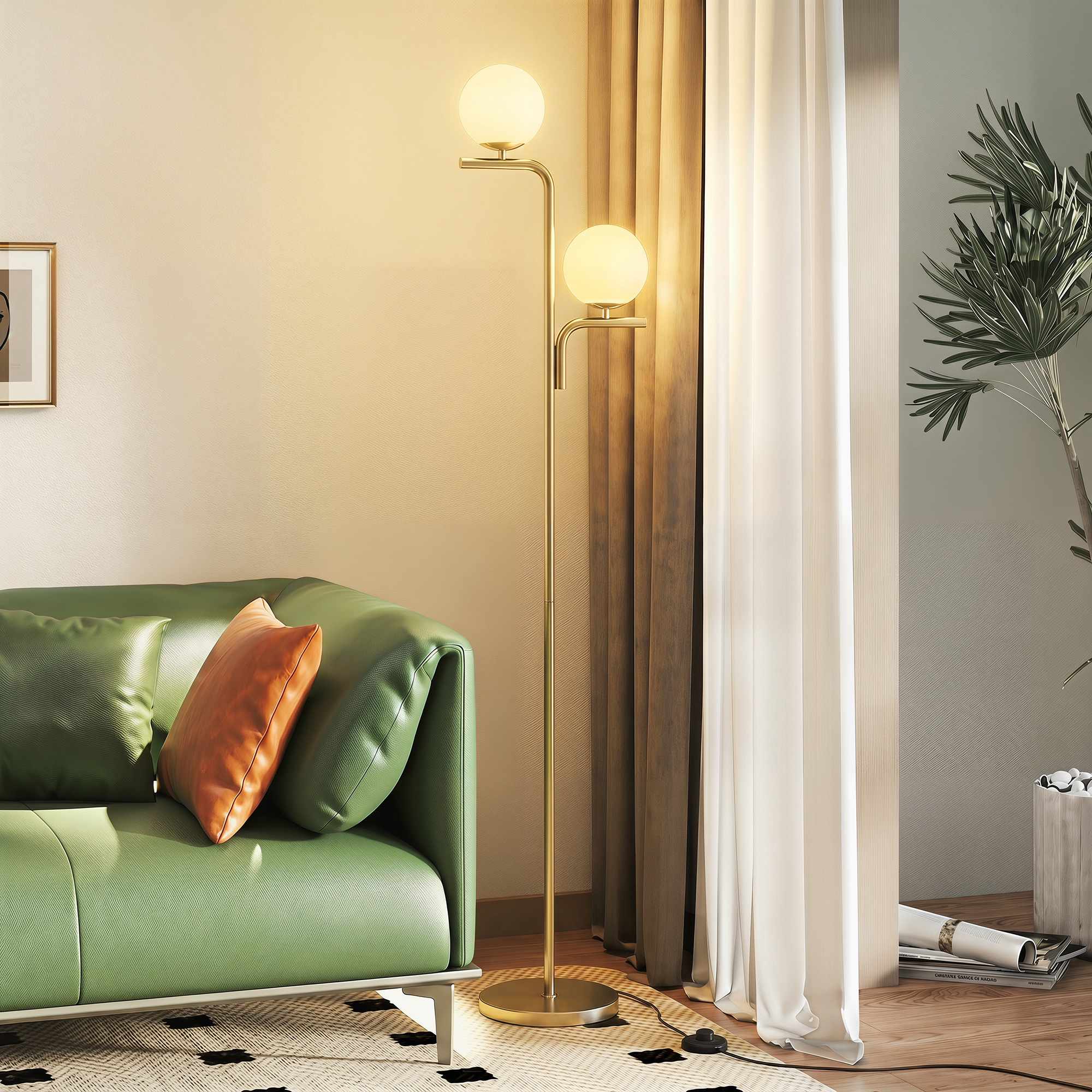 LED-golvlampa, 3 färgtemperaturer, glaskulor, guld
