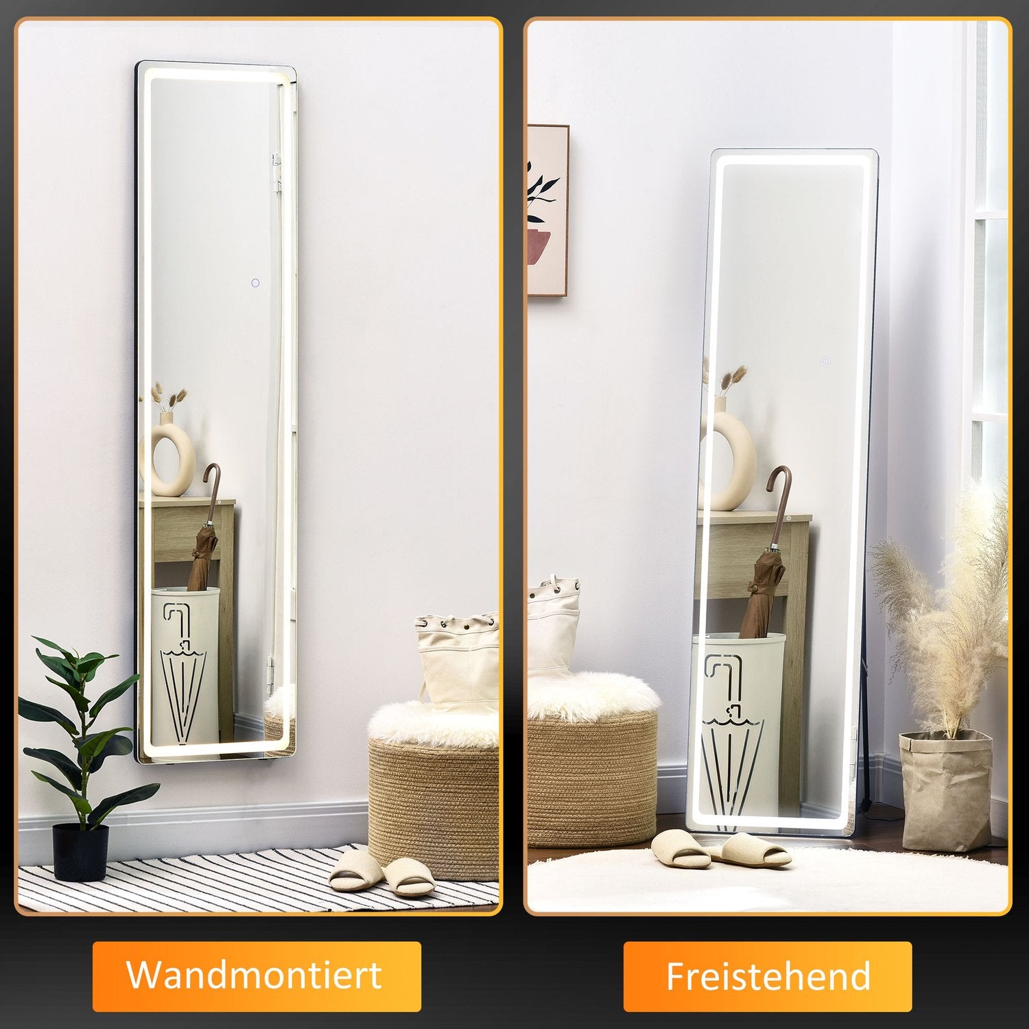 LED-staande spiegel van volledig formaat, make-up en wandmontage, zilver/zwart