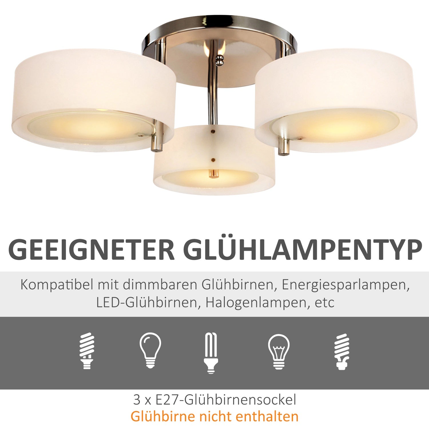 LED-plafondlamp, 3-lichts, E27 40W, warmwit, Ø64cm