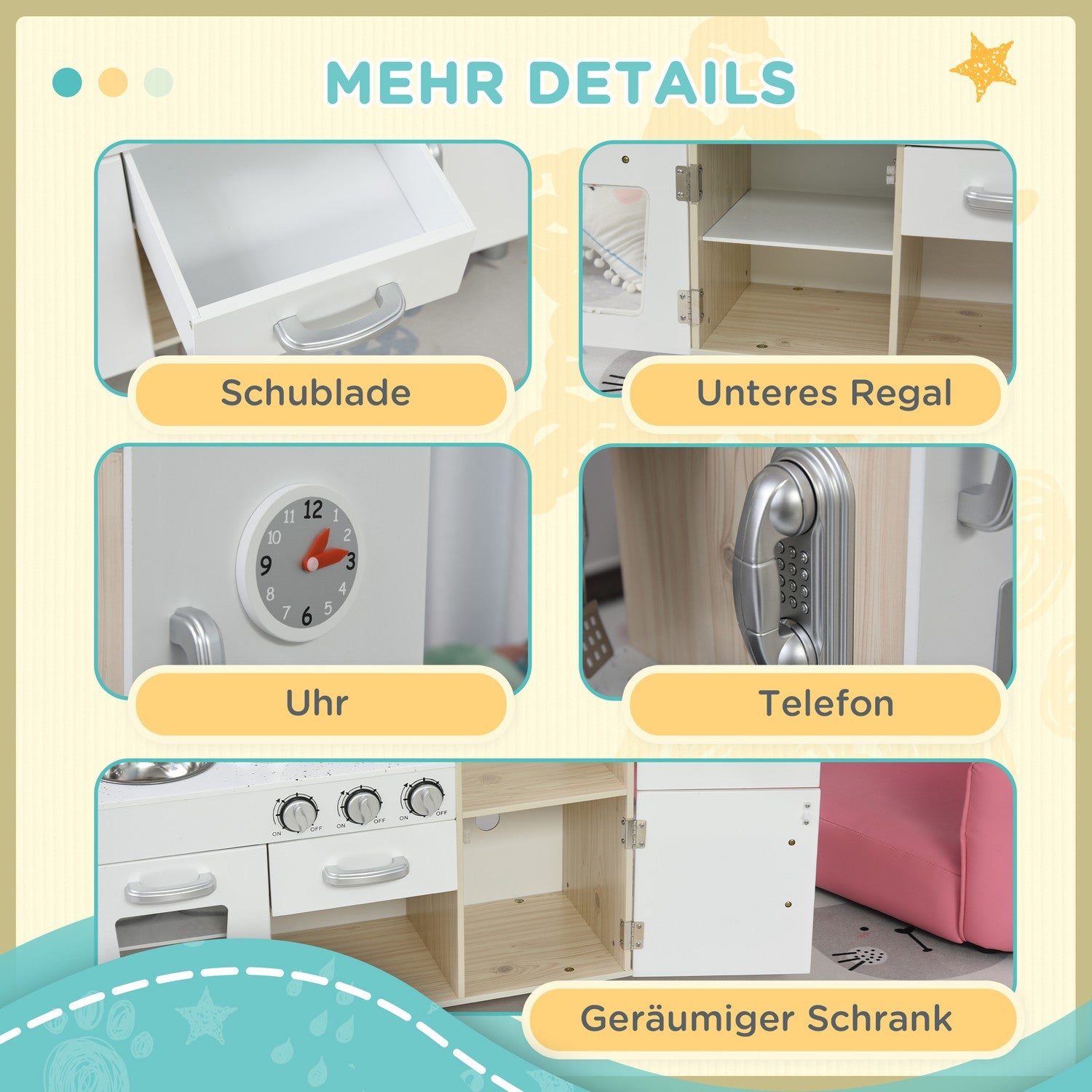 Speelgoedkeuken met accessoires, Grenenhout & MDF, 3 jaar+, Wit