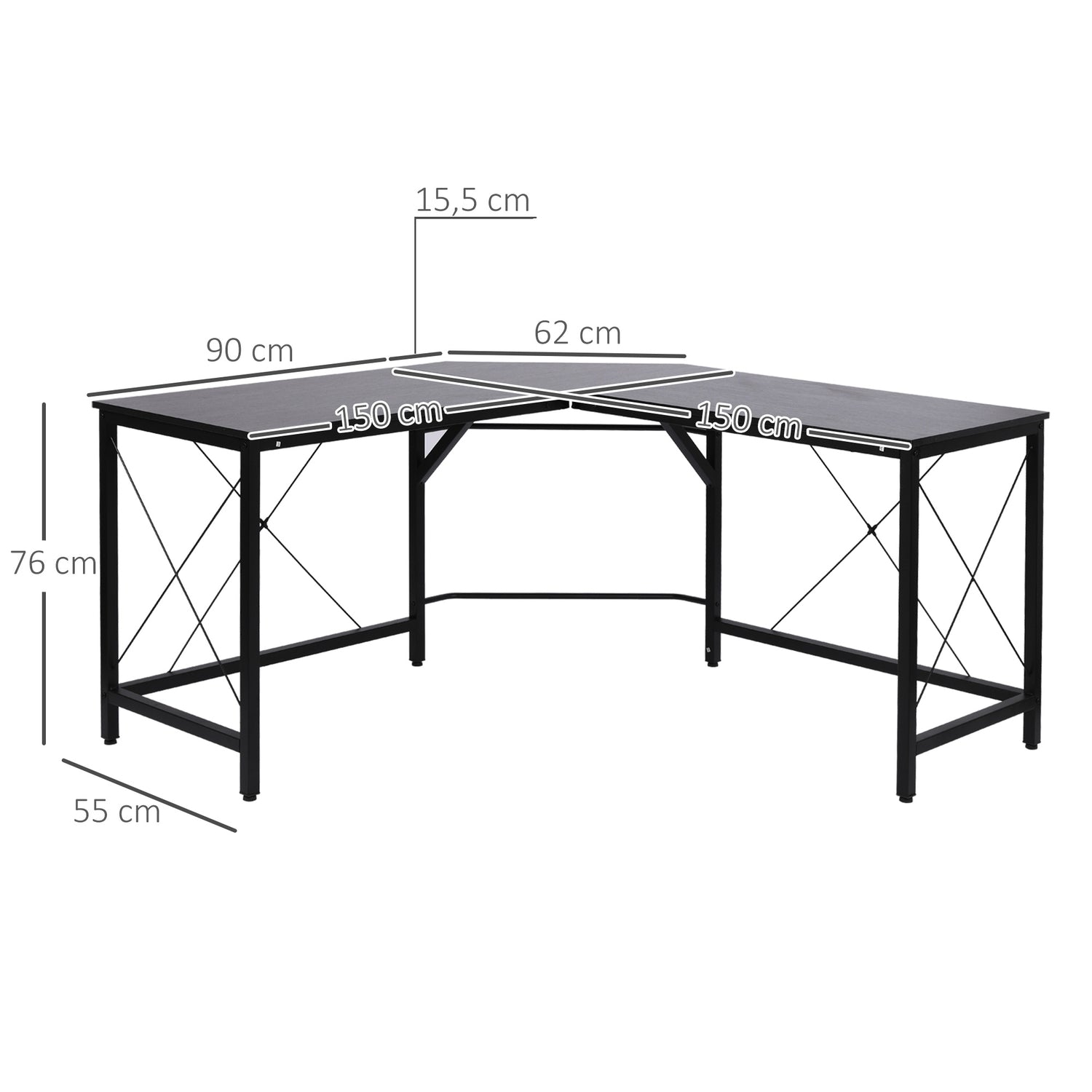 L-format hörnskrivbord, svart MDF, 150x150x76 cm