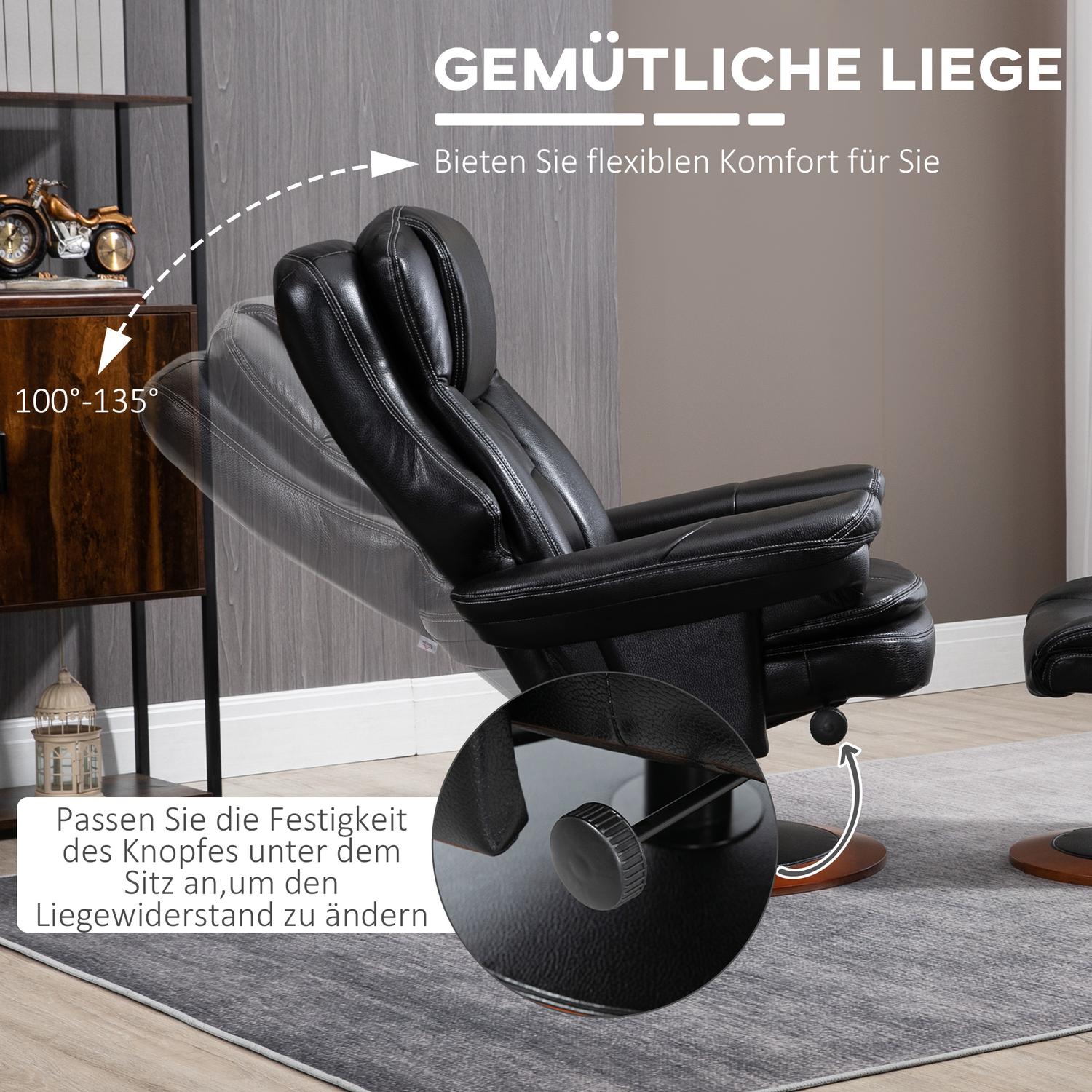 Ligstoel van kunstleer met voetenbank, zwart
