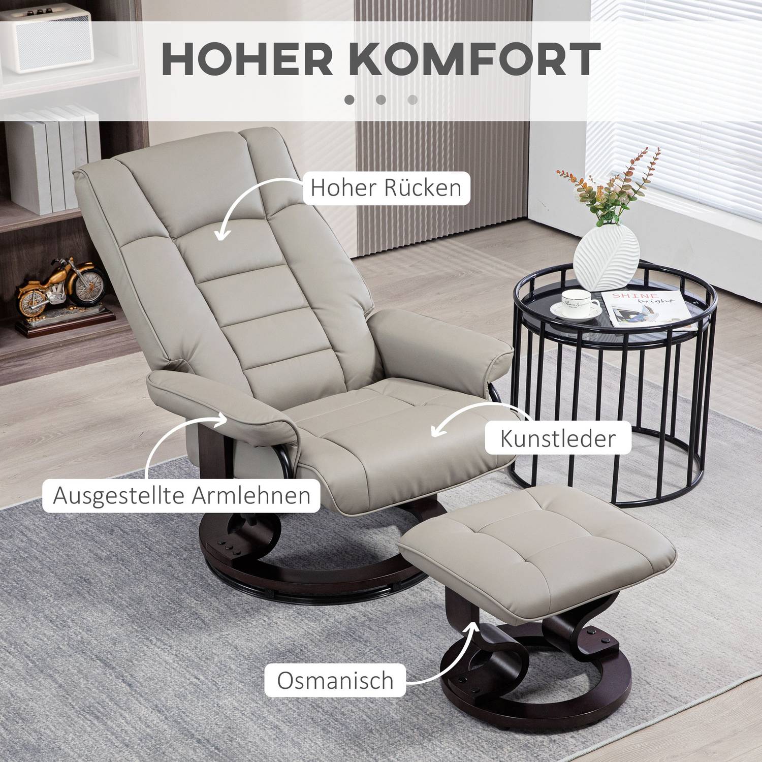 Fauteuil de relaxation allongé avec tabouret, similicuir, gris