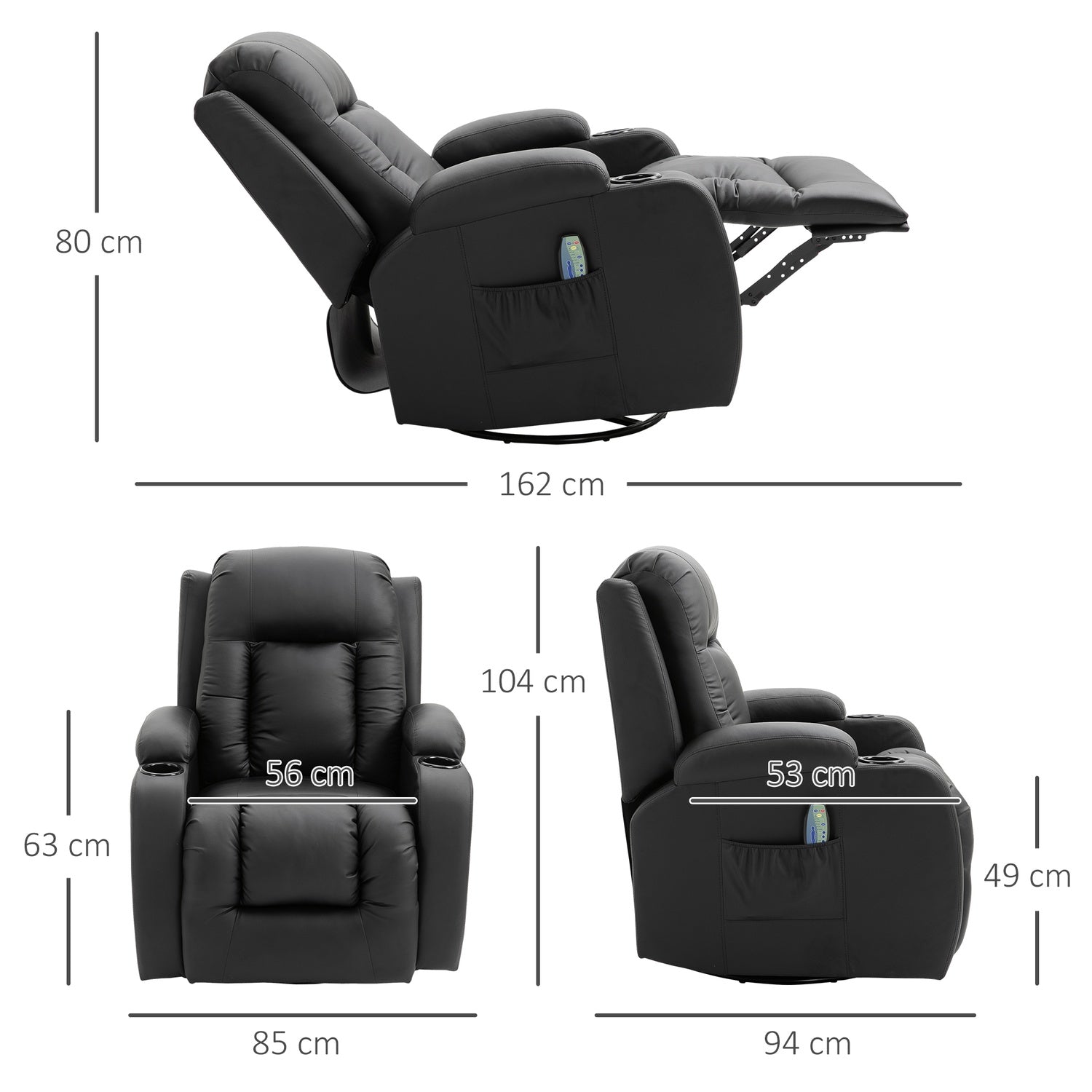 Ligstoel massagestoel met warmte, afstandsbediening en bekerhouder – Zwart