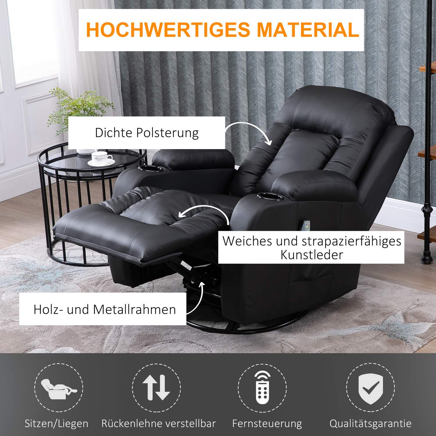 Ligstoel massagestoel met warmte, afstandsbediening en bekerhouder – Zwart