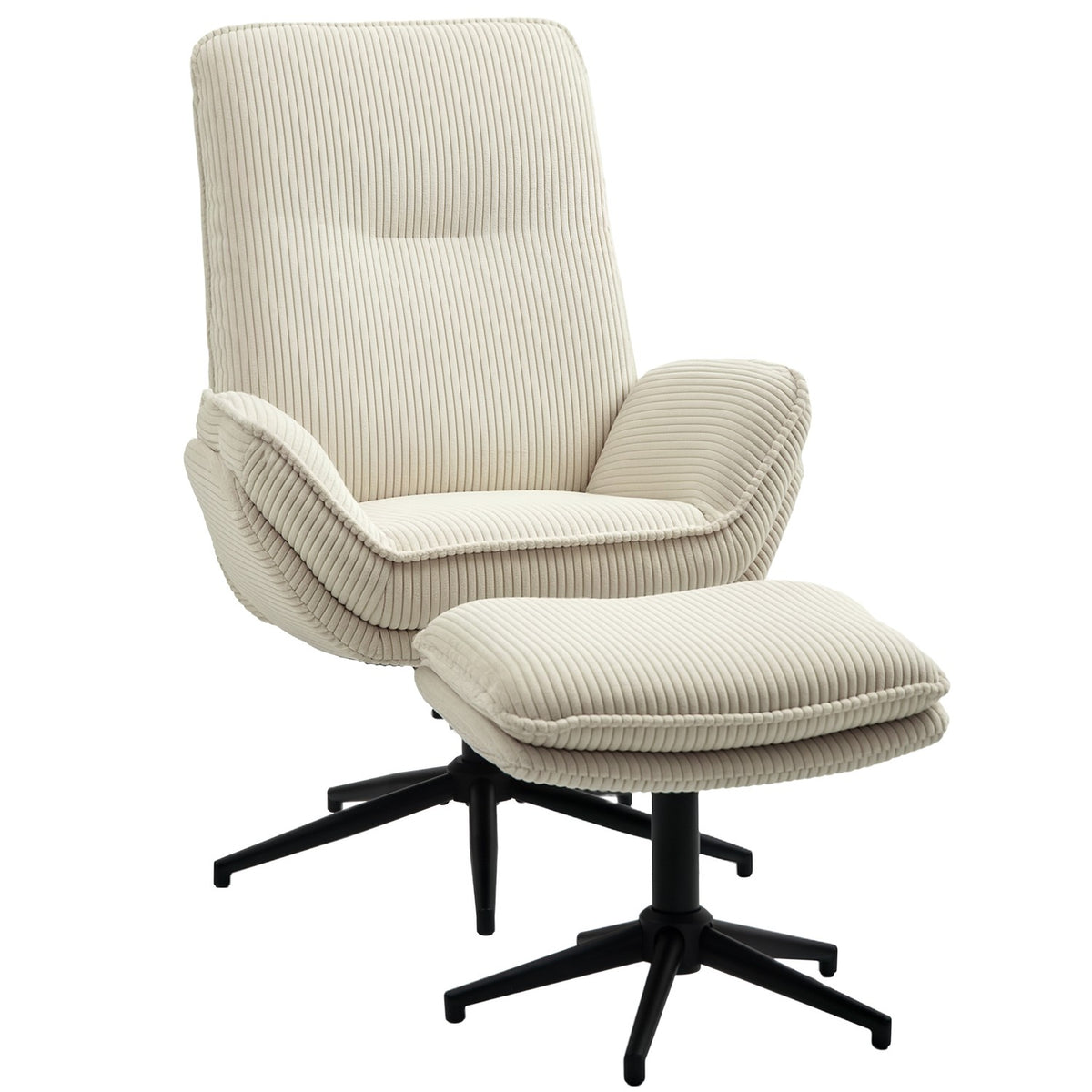 Ligstoel Beige met 360° draaibaar en poef