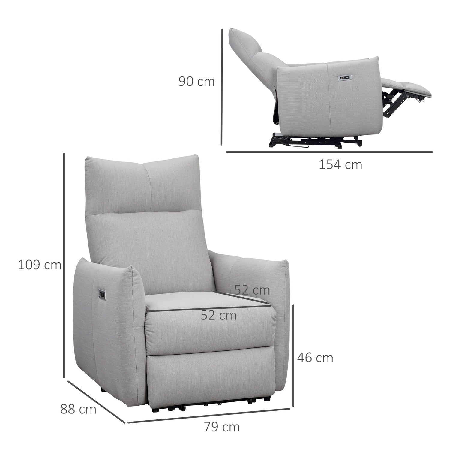 Ligstoel met USB, 140° kantelbaar, polyester, grijs