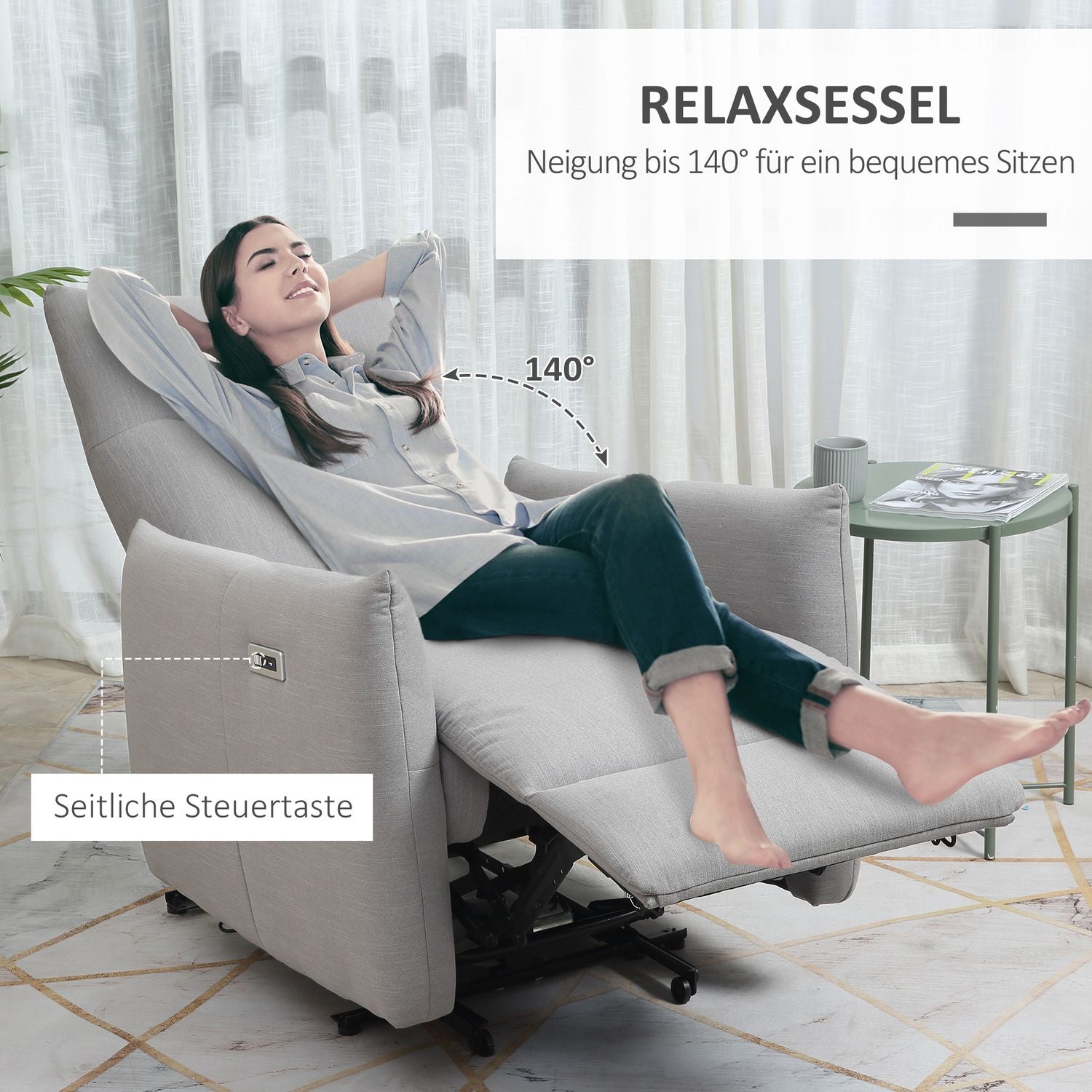 Ligstoel met USB, 140° kantelbaar, polyester, grijs